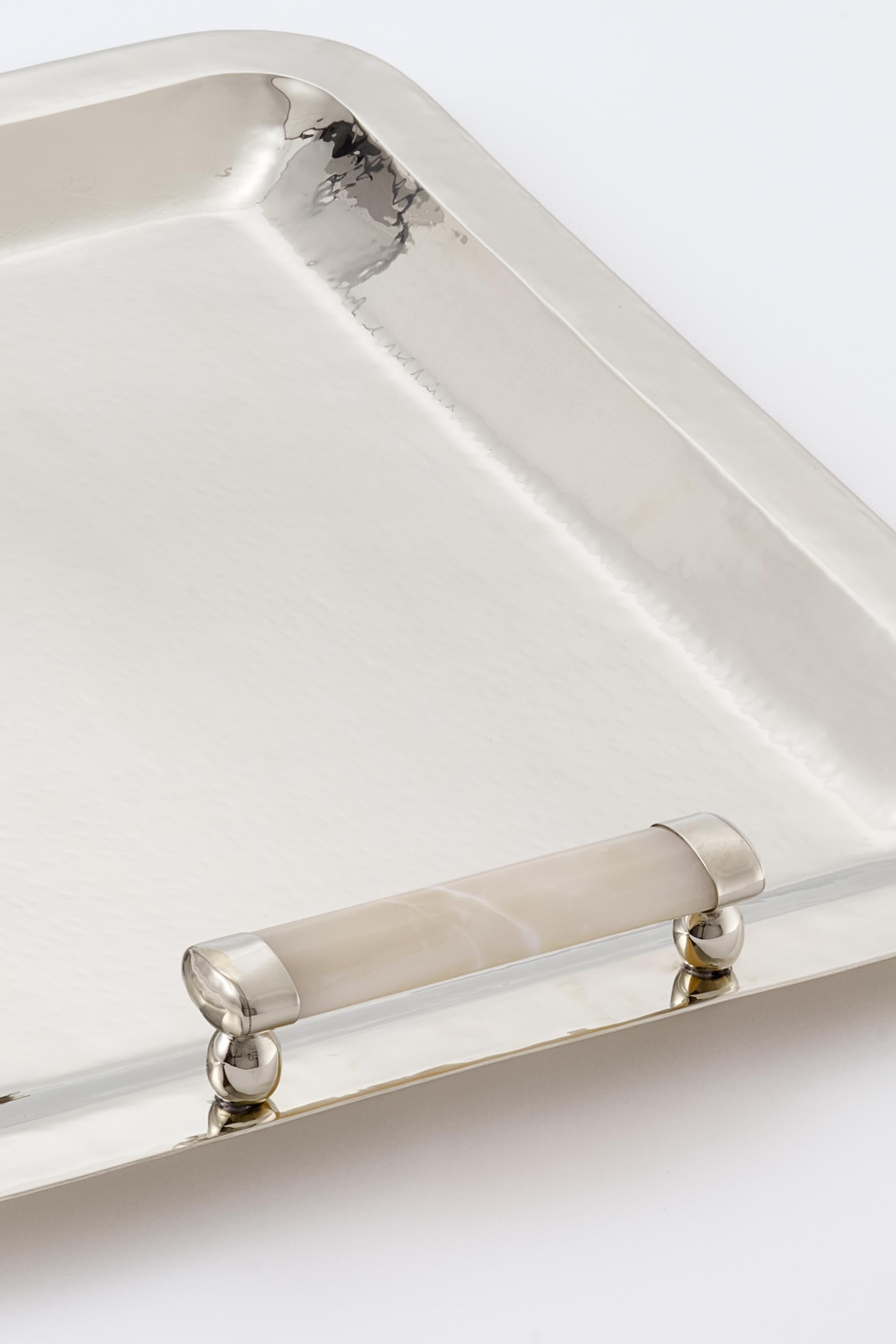 Contemporary SET Valle Silver Alpaca , Cream Onyx Stone Champagne Bucket & Tray For Sale