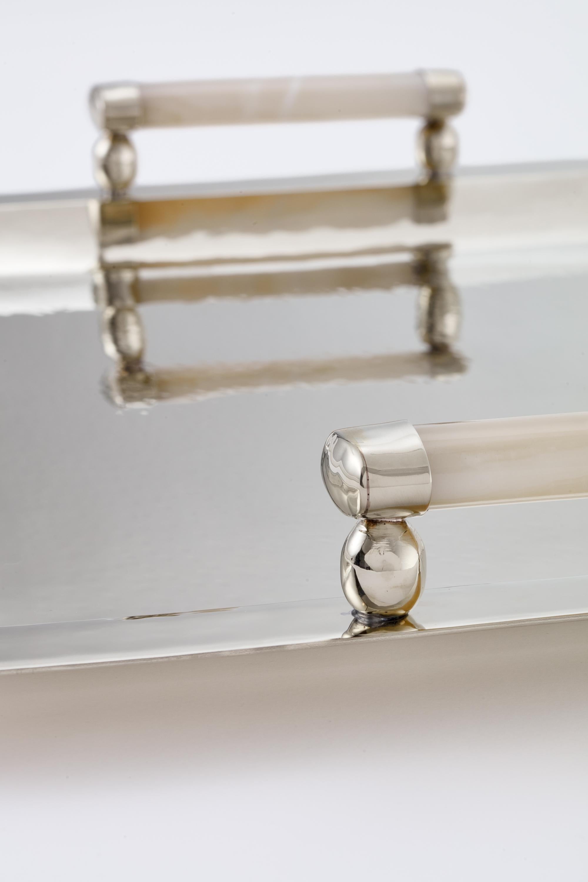 Metal SET Valle Silver Alpaca , Cream Onyx Stone Champagne Bucket & Tray For Sale