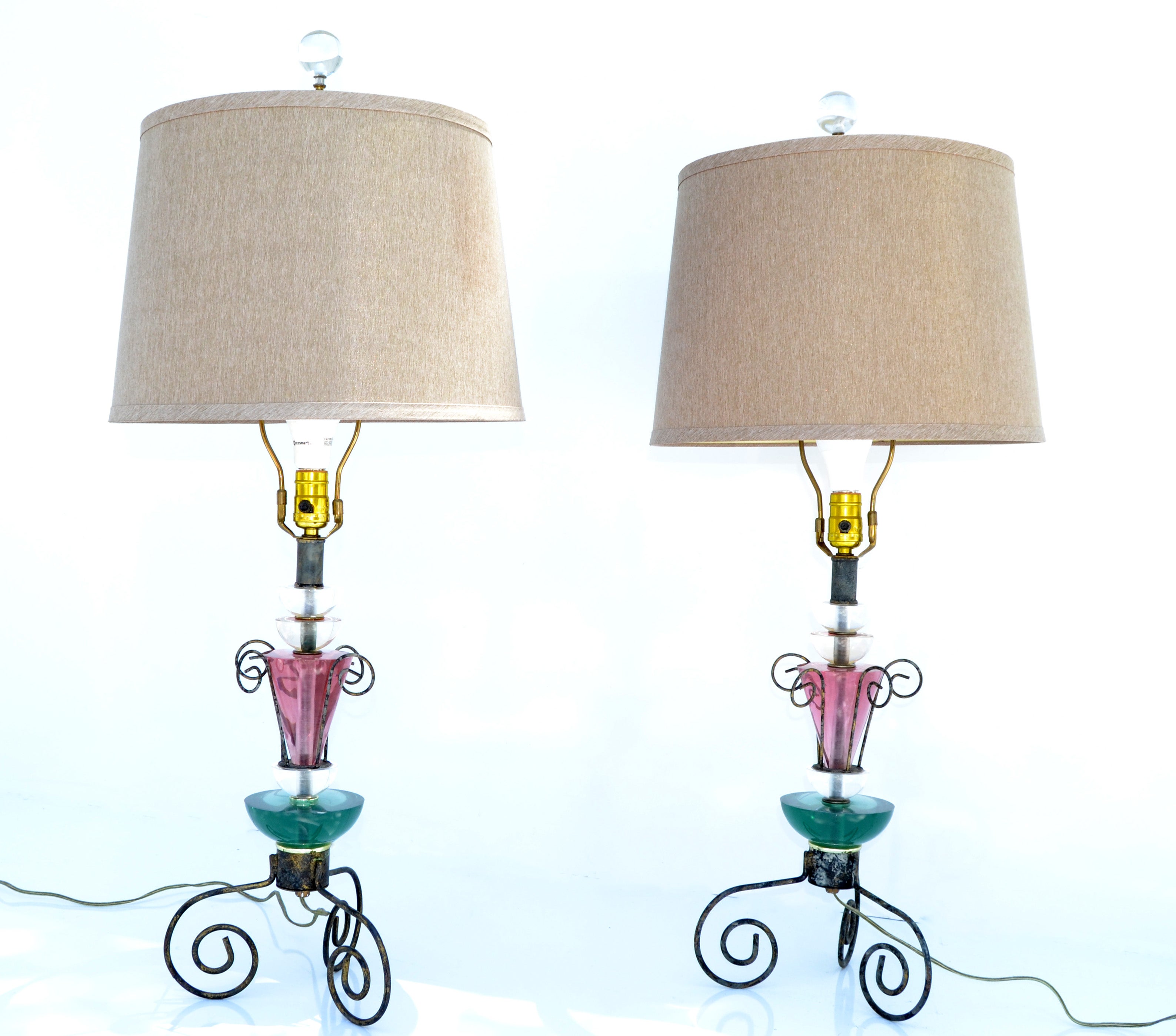 Set of Van Teal Mid-Century Modern clear, pink and green Lucite Table Lamps.
Come with Harps and Gold Shades.
US wired, UL Listed and in working condition takes 1 regular Light Bulb or LED bulb.
Measurements: 
Base 9.5 x 6.5 x 20.5 inches Height