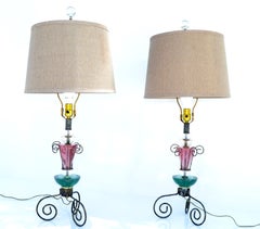 Set, Van Teal Green & Pink Lucite Table Lamps Gold Shades Mid-Century Modern 70