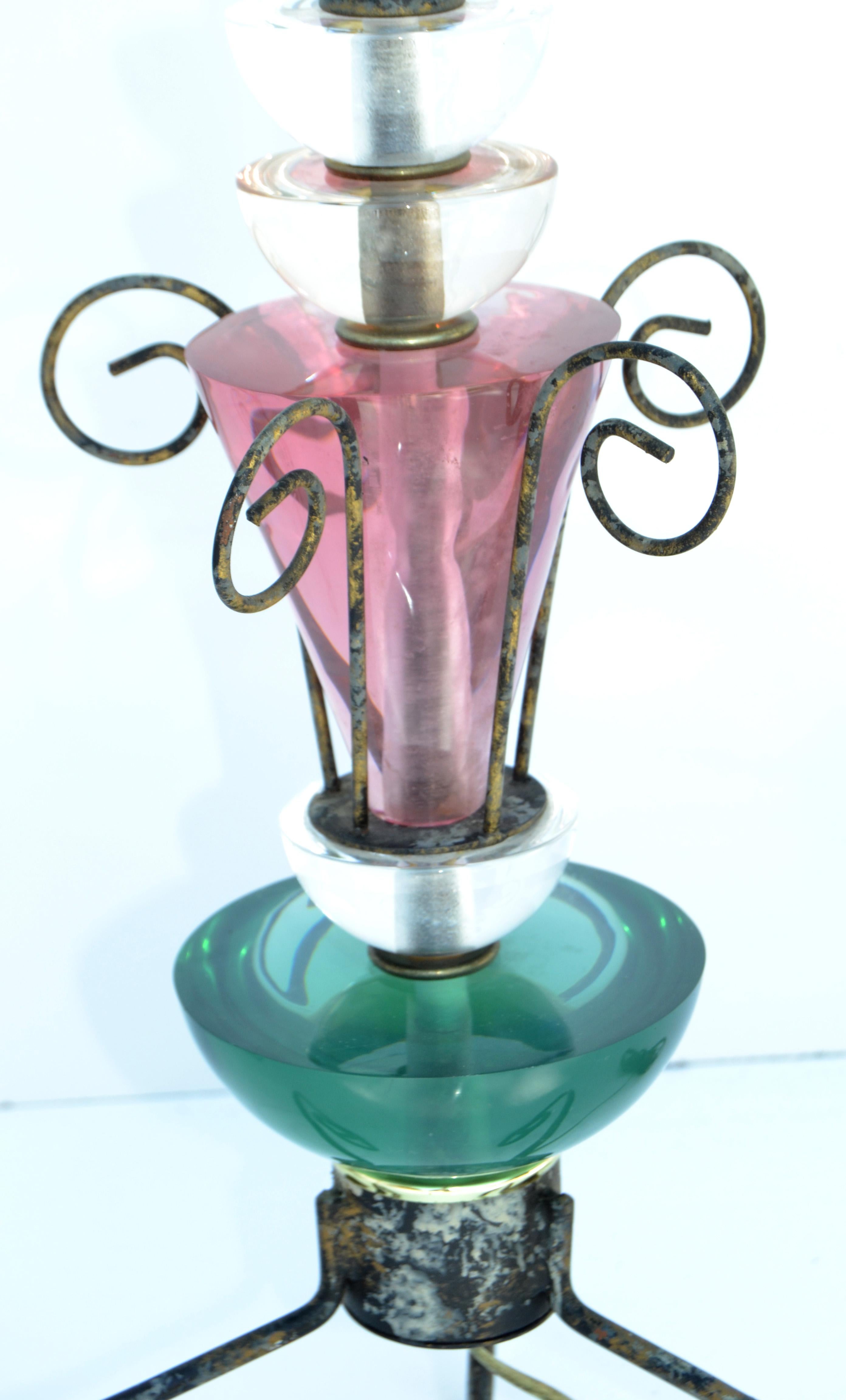 American Set, Van Teal Green & Pink Lucite Table Lamps Gold Shades Mid-Century Modern 70 For Sale