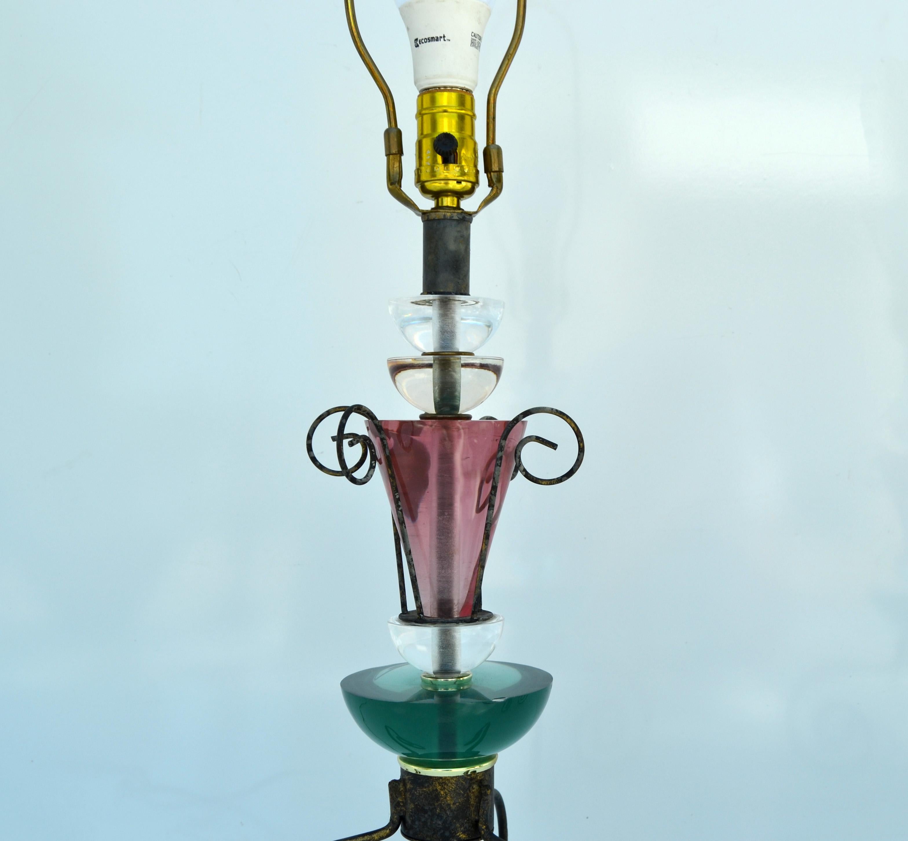 20th Century Set, Van Teal Green & Pink Lucite Table Lamps Gold Shades Mid-Century Modern 70 For Sale