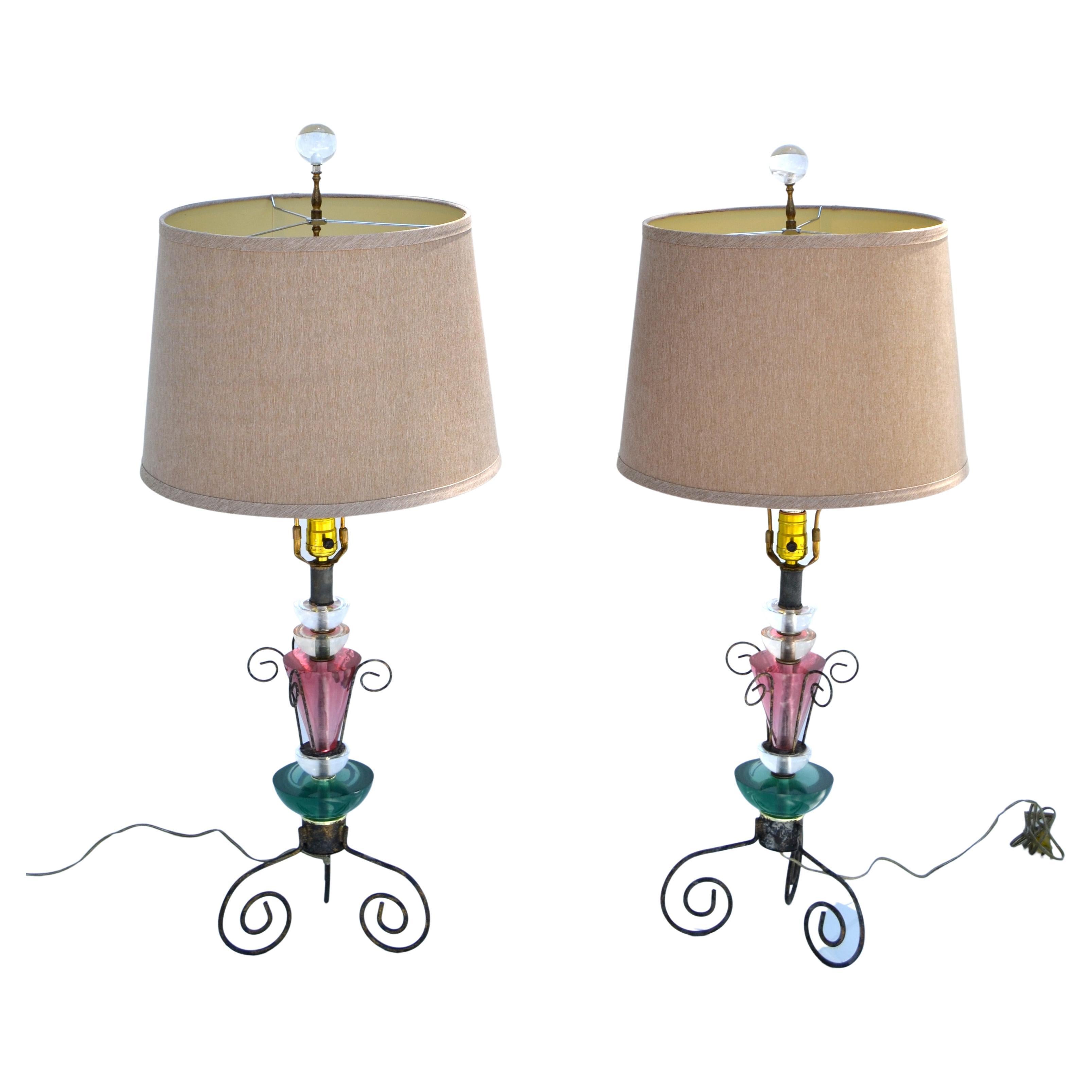 Set, Van Teal Green & Pink Lucite Table Lamps Gold Shades Mid-Century Modern 70 For Sale