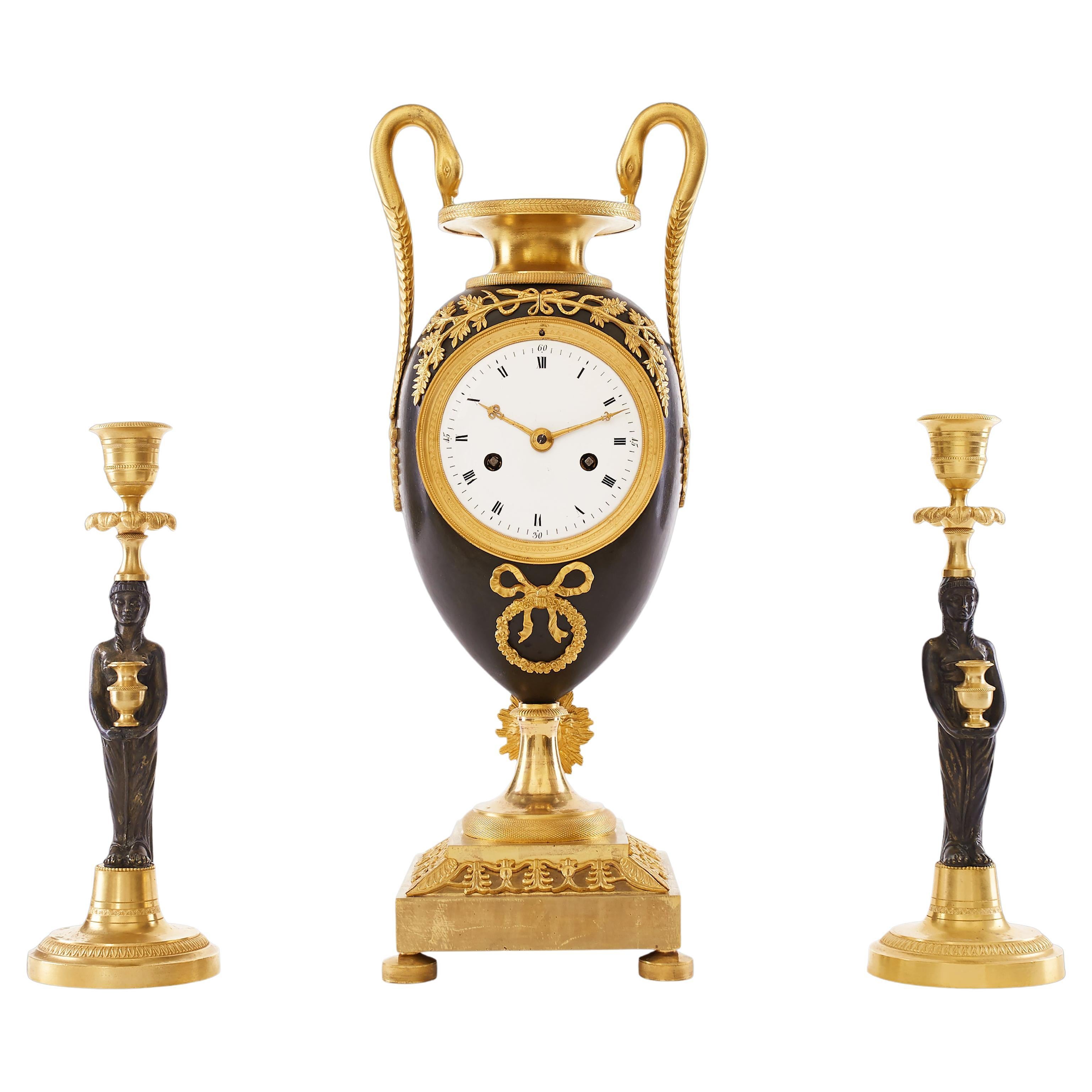 Set Vase Clock 19th Century Style Empire For Sale