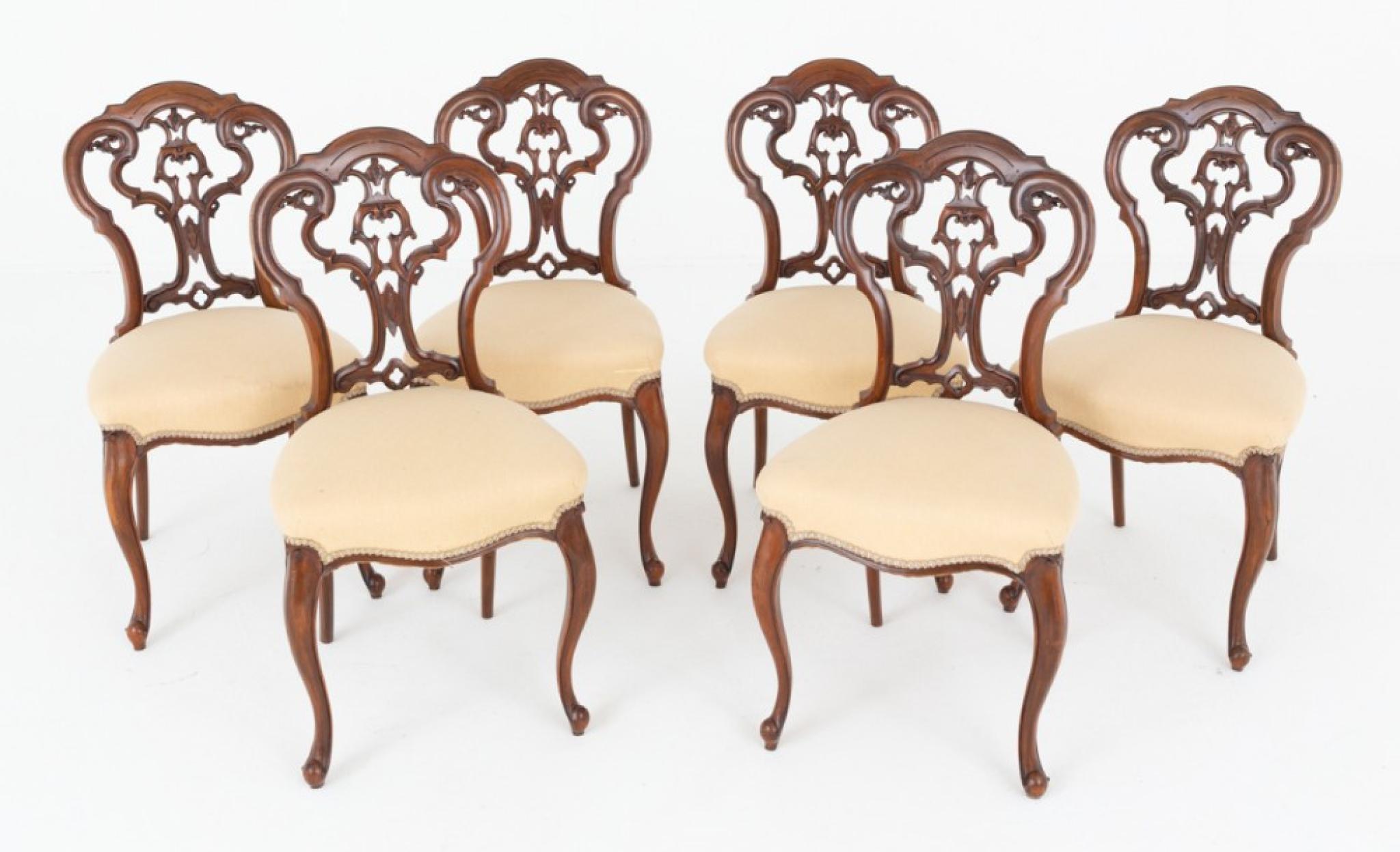 Metà XIX secolo Set di sedie da pranzo vittoriane 6 sedute cabriole in noce 1860 in vendita