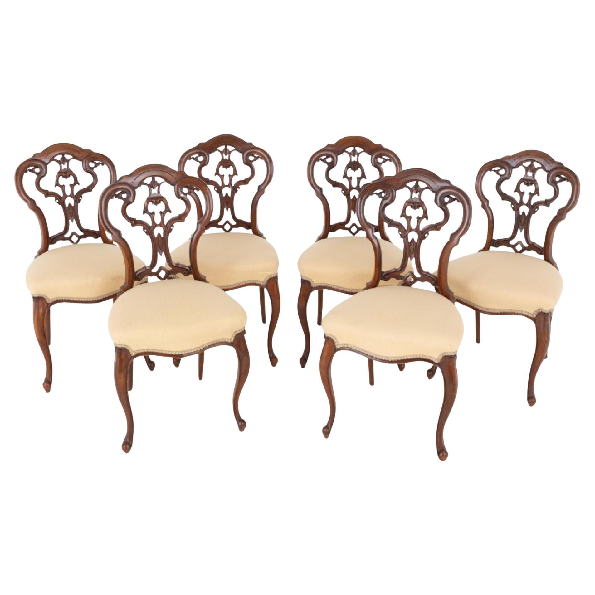 Set di sedie da pranzo vittoriane 6 sedute cabriole in noce 1860 in vendita
