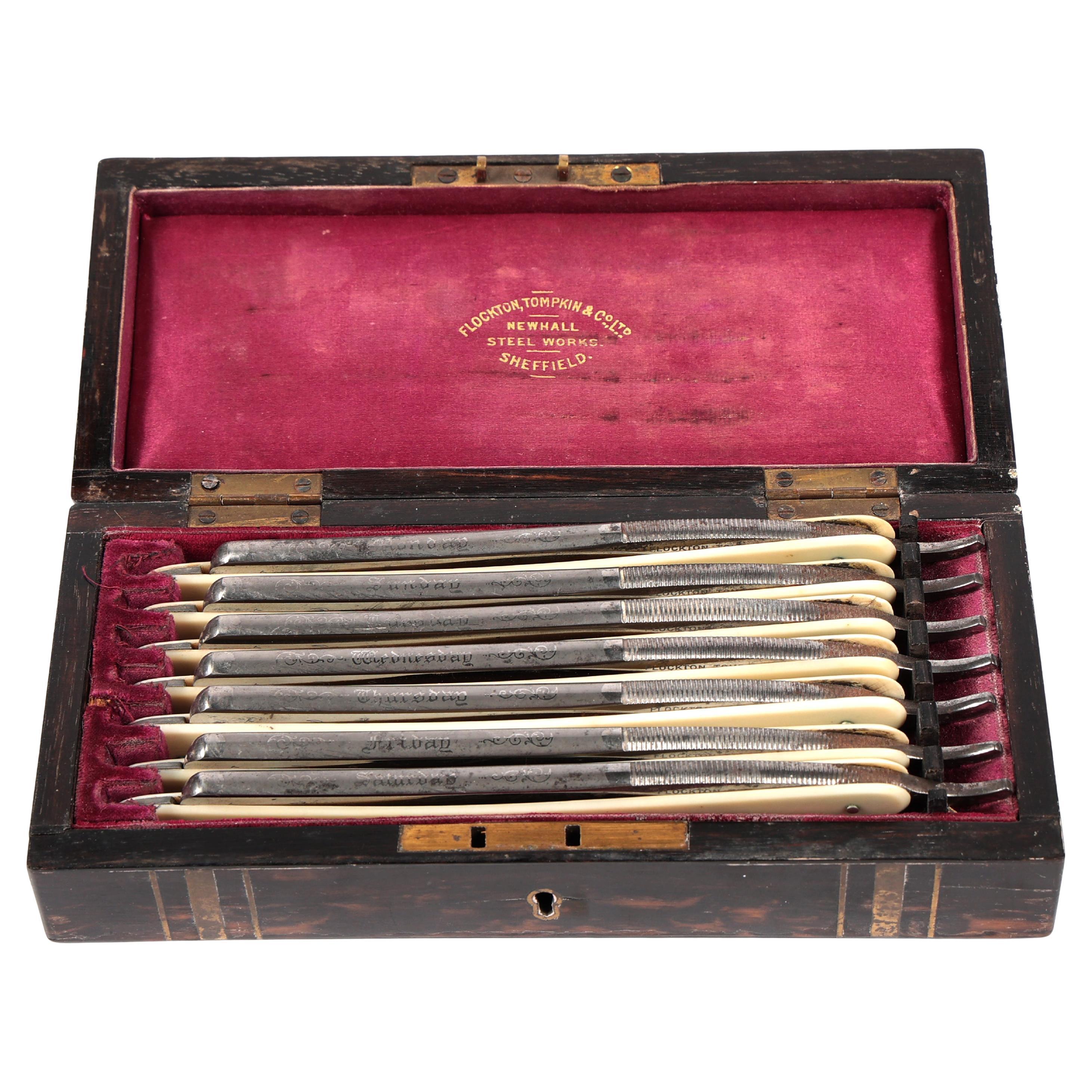 Set Victorian Razors Sheffield Silver Plate Flockton Tompkin CO 1870 en venta