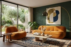 Ensemble Vintage 70s : Canapé 3 places + Fauteuil en velours orange