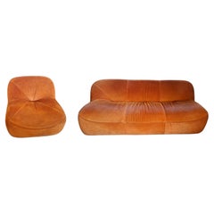 Ensemble Vintage 70s : Canapé 3 places + Fauteuil en velours orange