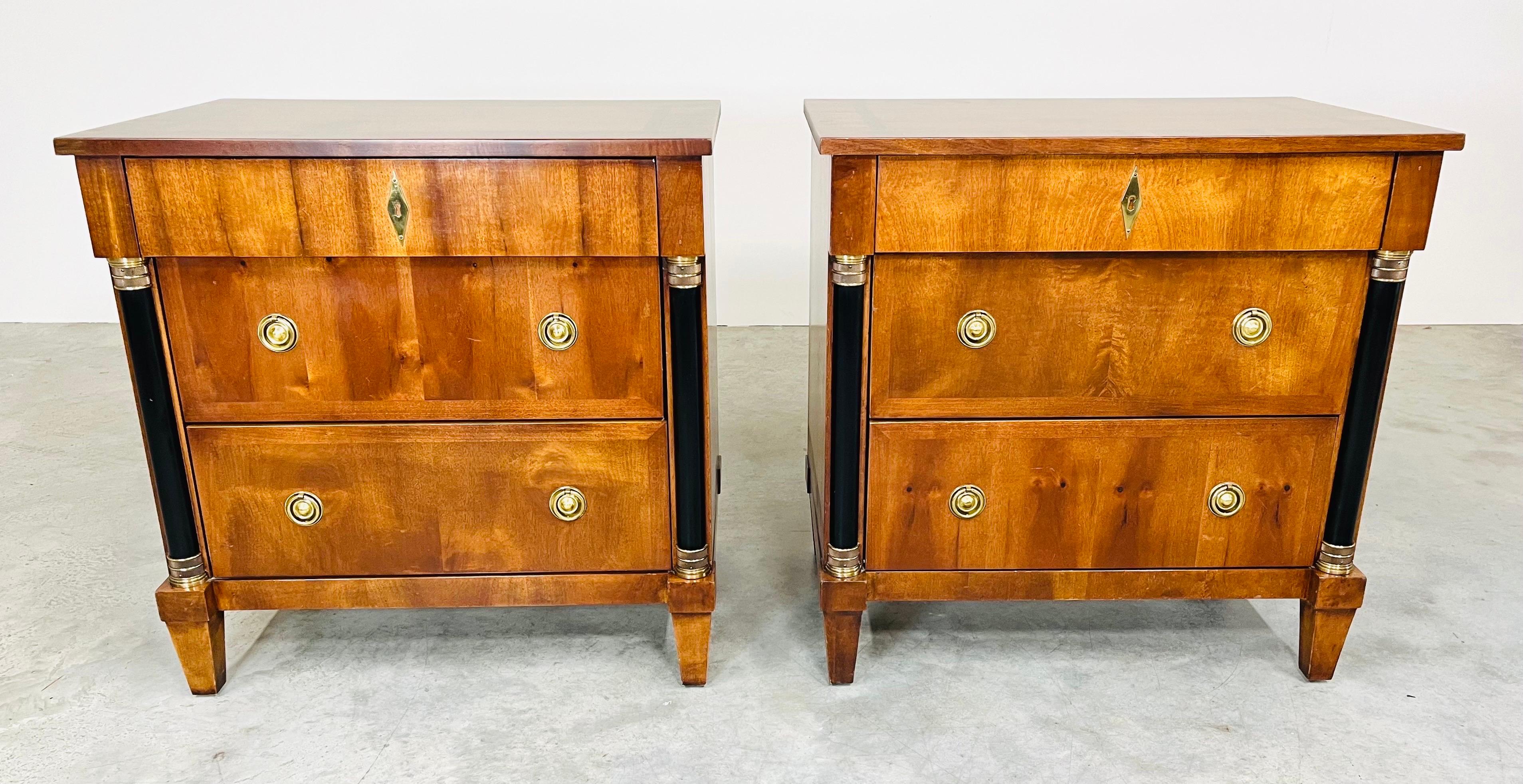 A sophisticated pair of Century Furniture Biedermeier style nightstands from “The Capuan Collection,” designed by acclaimed designer, Raymond K. Sobota (1914-2010)
Dovetail constructed drawers with original brass drawer pulls . Two Neoclassical