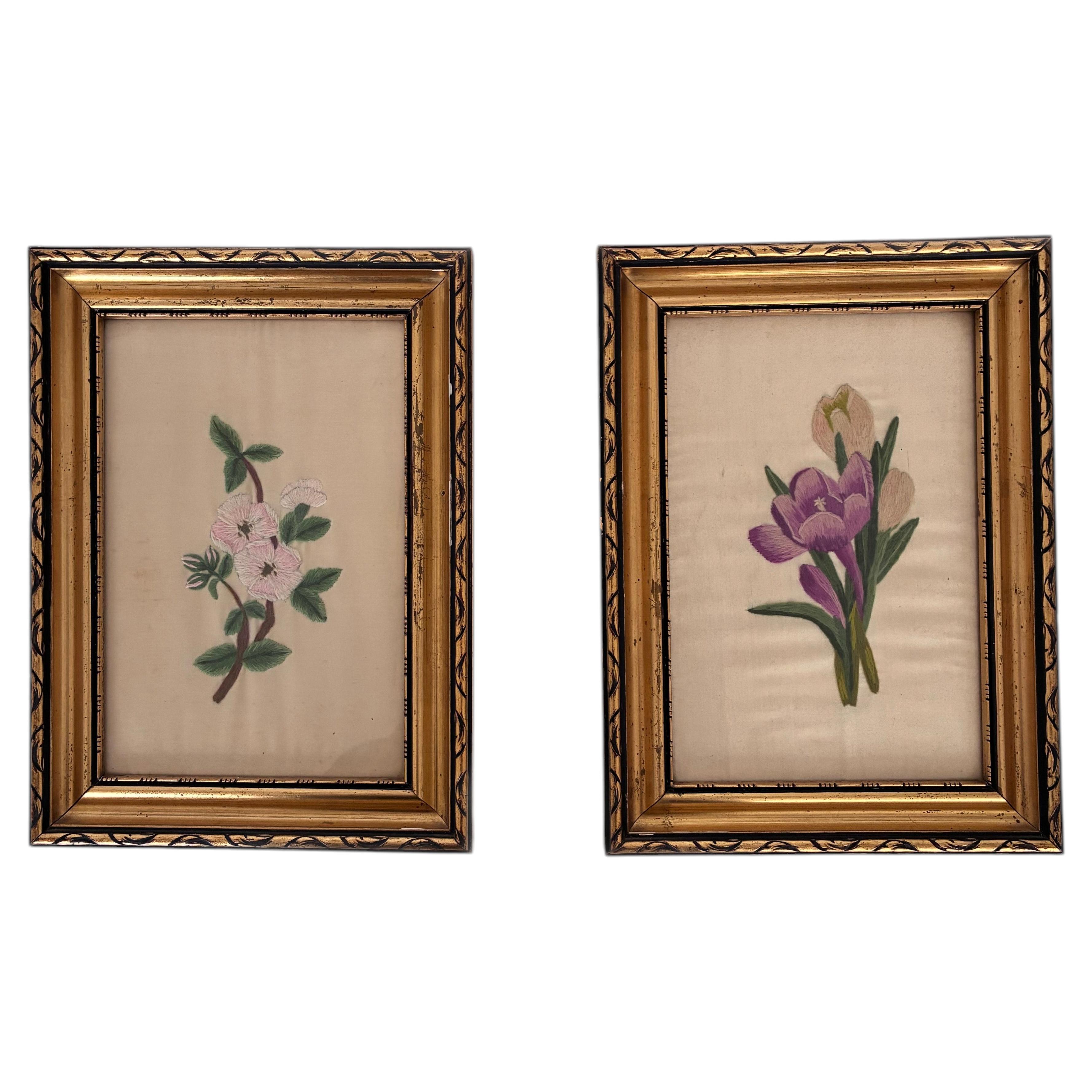 Set Vintage Flower on Silk Paintings, Embroidery Flower Art