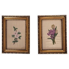 Set Vintage Flower on Silk Paintings, Embroidery Flower Art