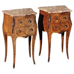 Set Vintage Marquetry Nightstands-2 Marble & Wood Bedside Tables-Style Louis XV