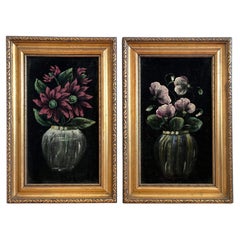 Set Vintage Original Velvet Flower Oil Painting, Pair of Flower Still Life Art