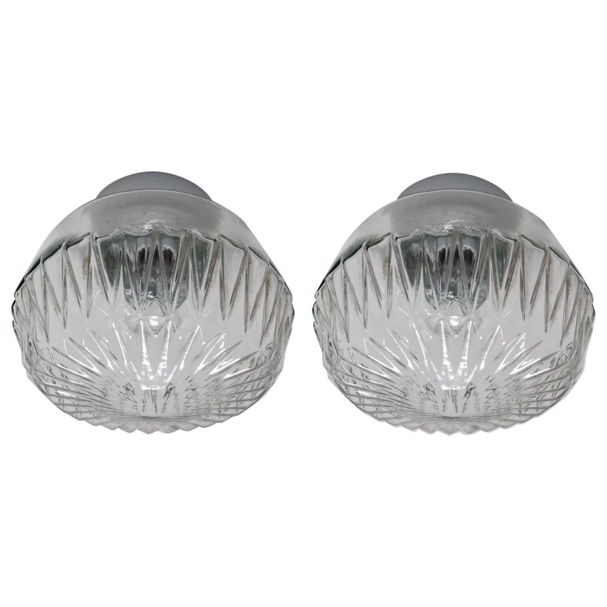 Set Vintage Wall/Ceiling Lights with Clear Structured Glass Porcelain Base
