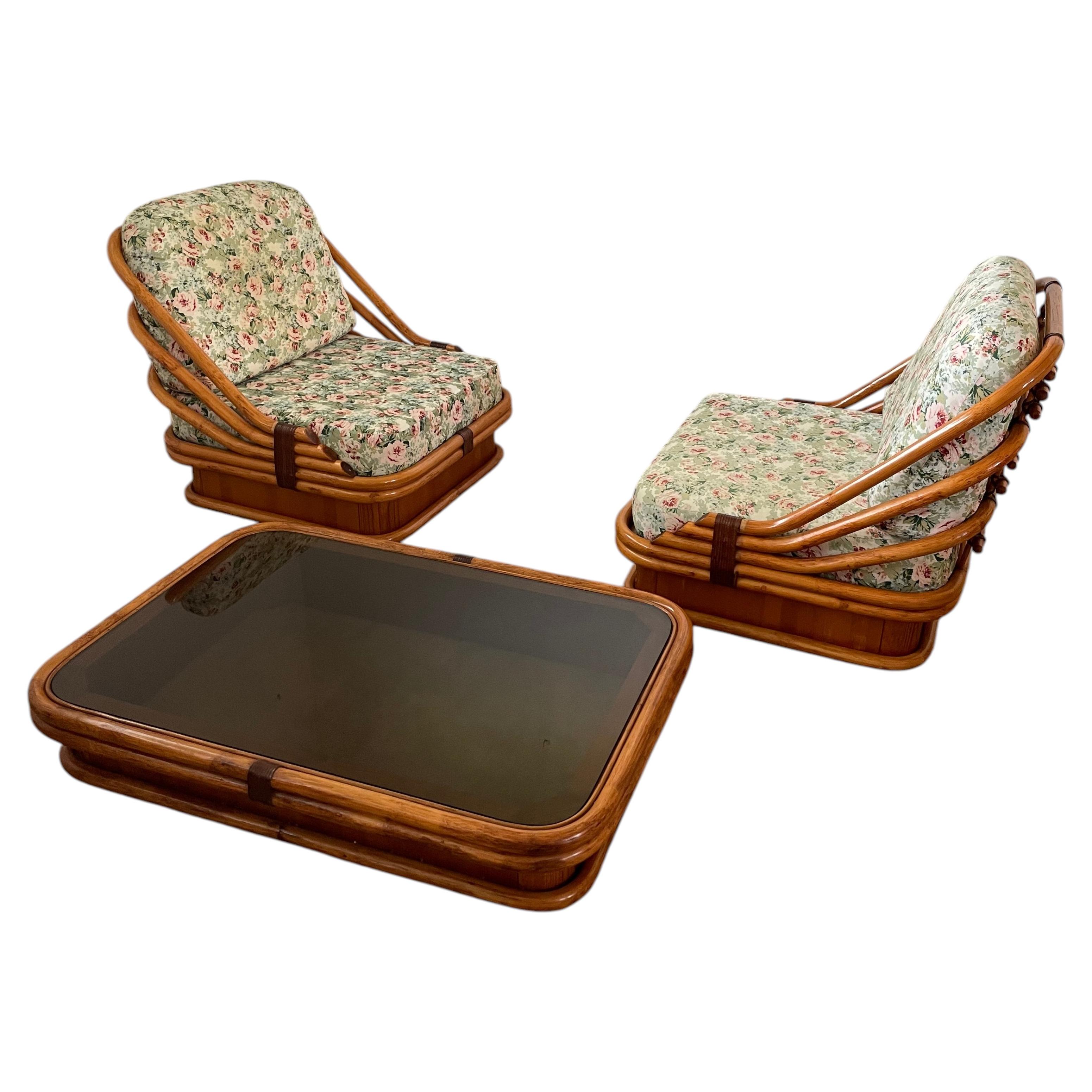 Southern Nurseries 70' bamboo set 2 armchairs and 1 coffee table For Sale