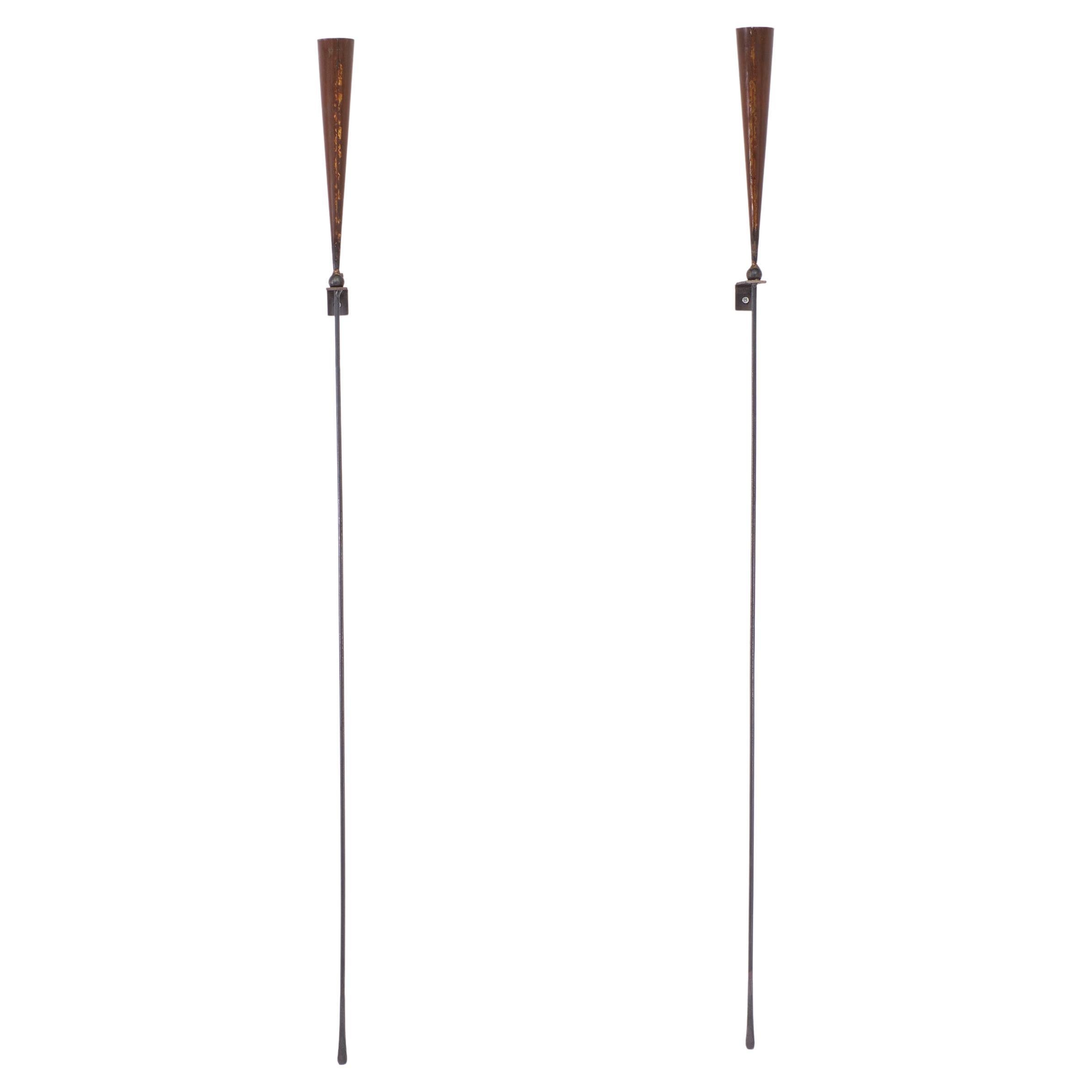 Two rare wall candle holders. Handmade by Pieter Spruyt Exclusive art lighting 
in the 1980s. Red Copper cones for the candles. The brackets are signed. 
Simple good design.