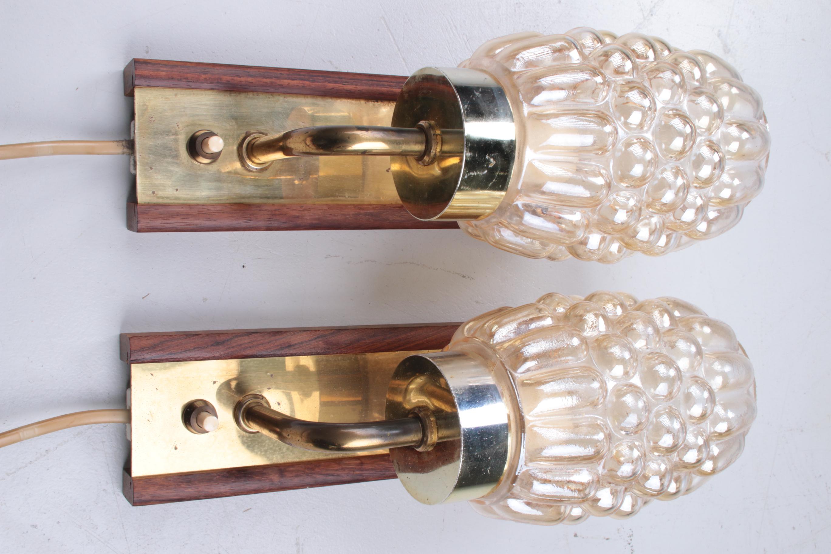 Mid-Century Modern Set Wall Lamps Danish Teak with Brass and Glass