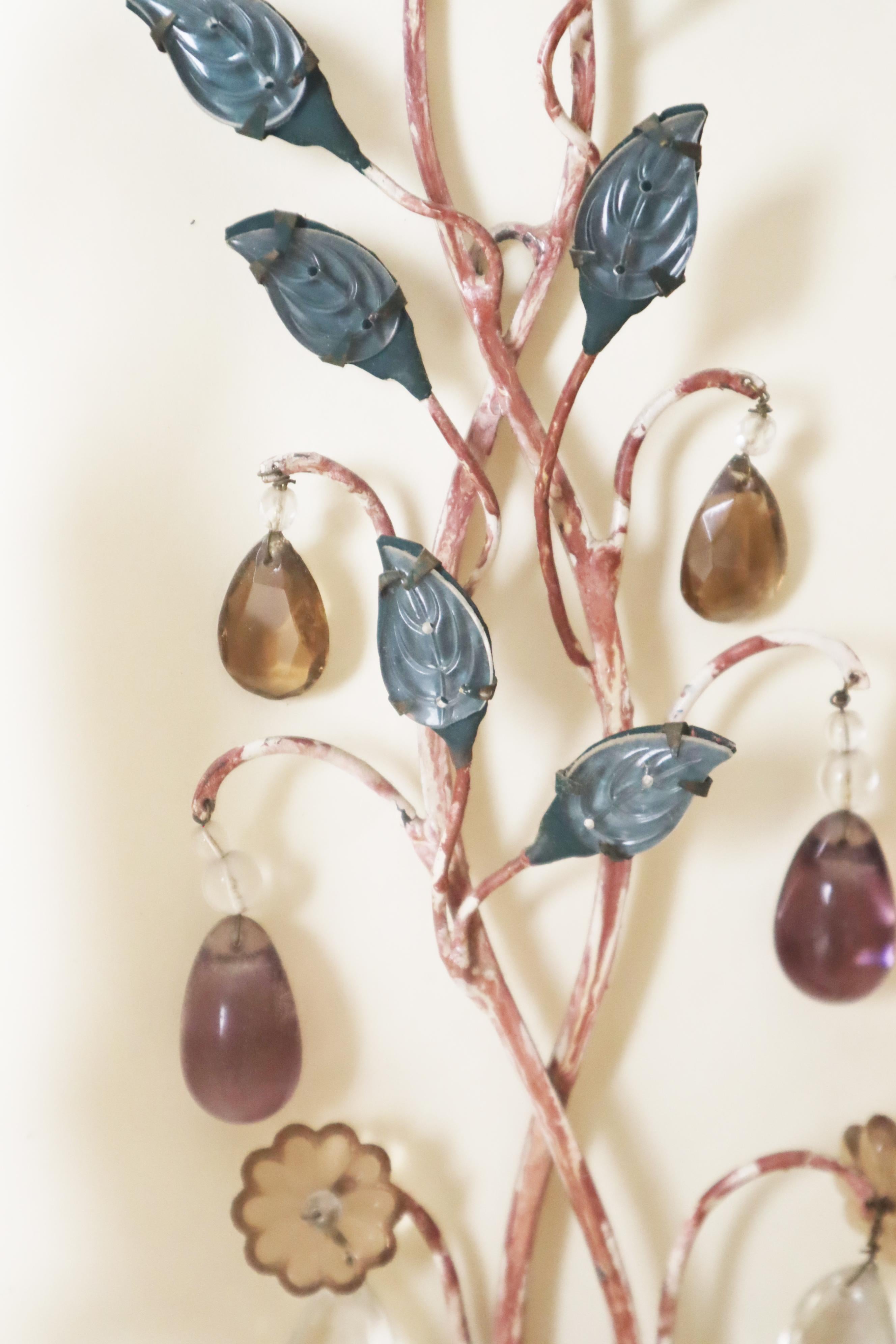 Set Wall Lights Attributed Maison Baguès With Colored Fowers and Marbled Metal For Sale 3