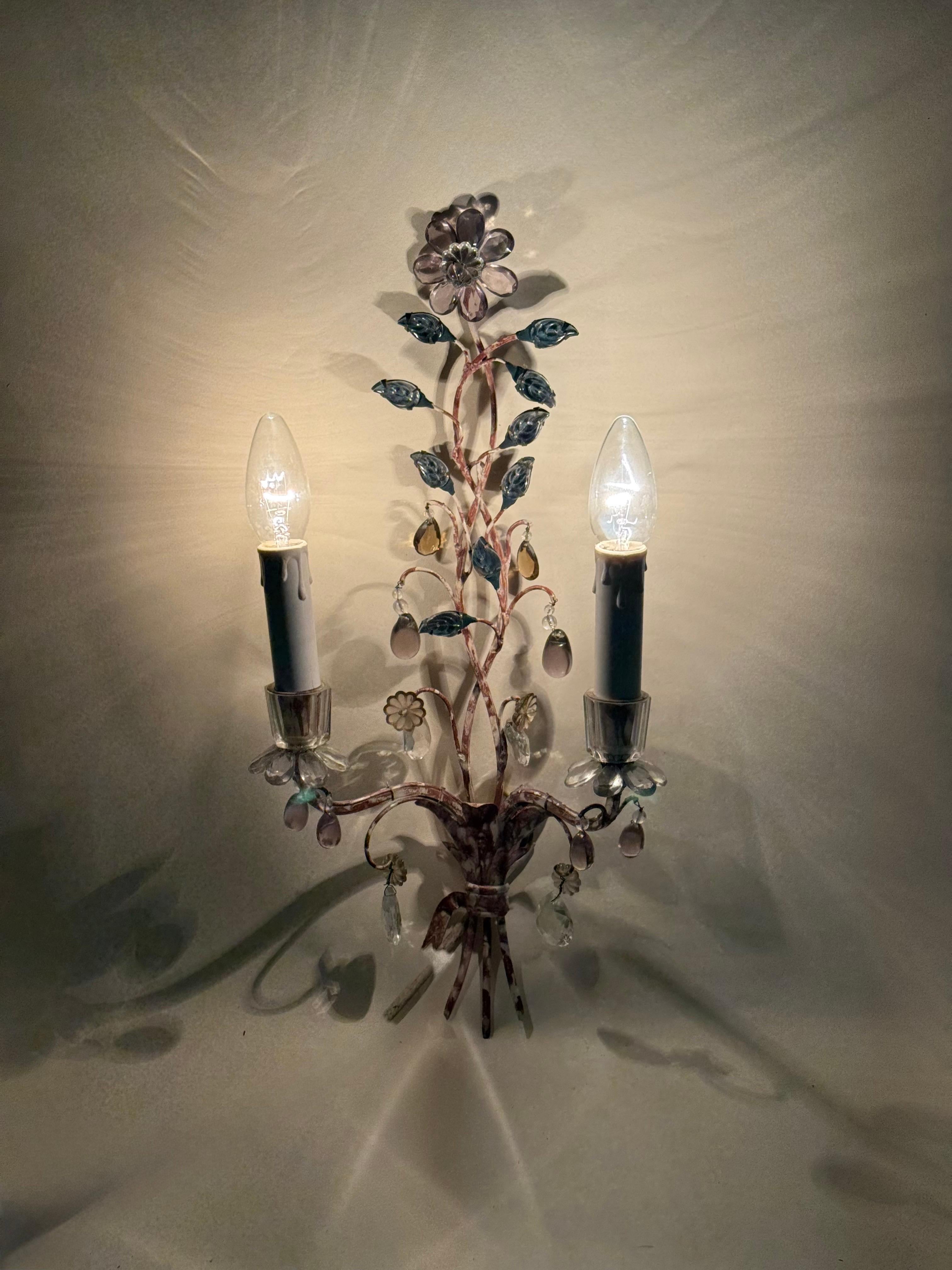 Set Wall Lights Attributed Maison Baguès With Colored Fowers and Marbled Metal For Sale 6