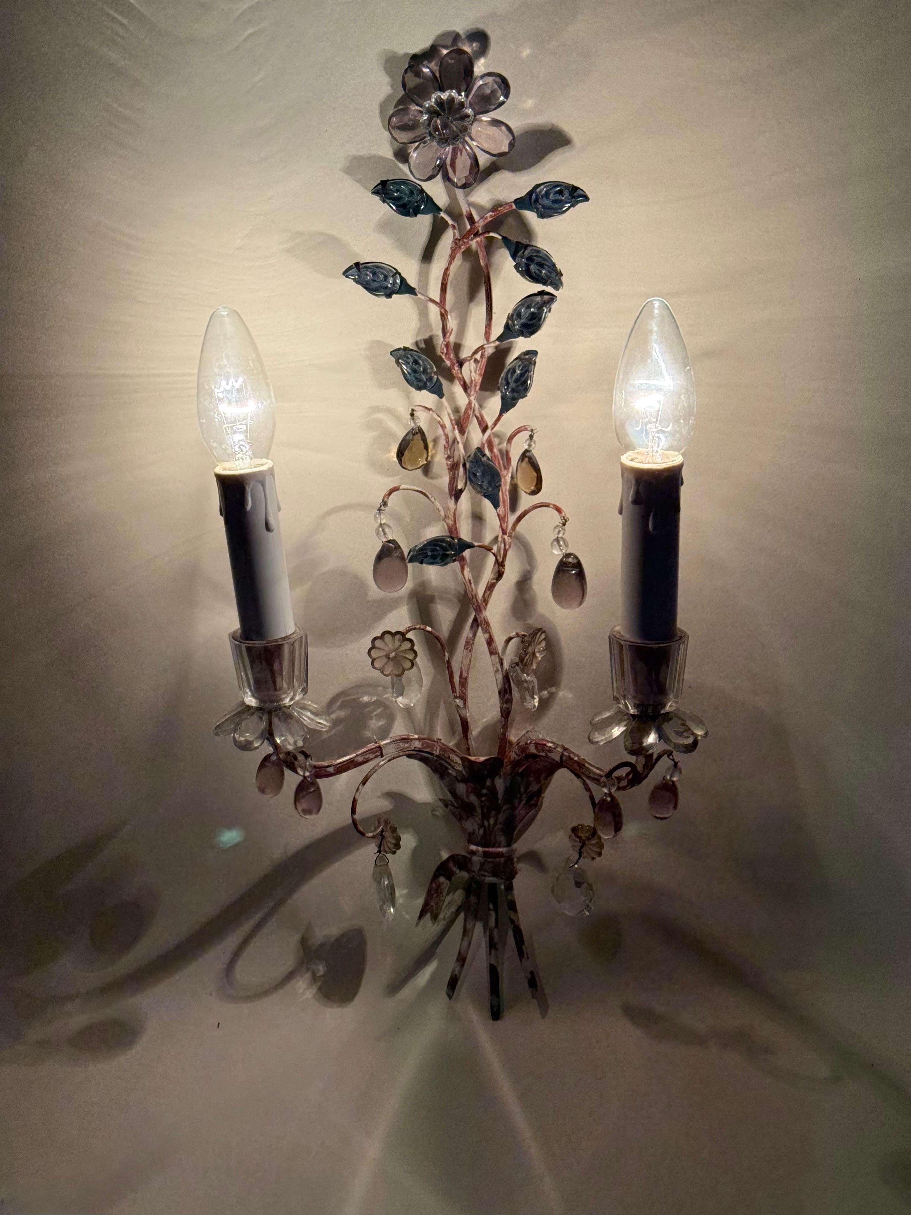 Set Wall Lights Attributed Maison Baguès With Colored Fowers and Marbled Metal For Sale 7