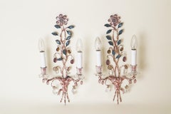 Set Wall Lights Attributed Maison Baguès With Colored Fowers and Marbled Metal