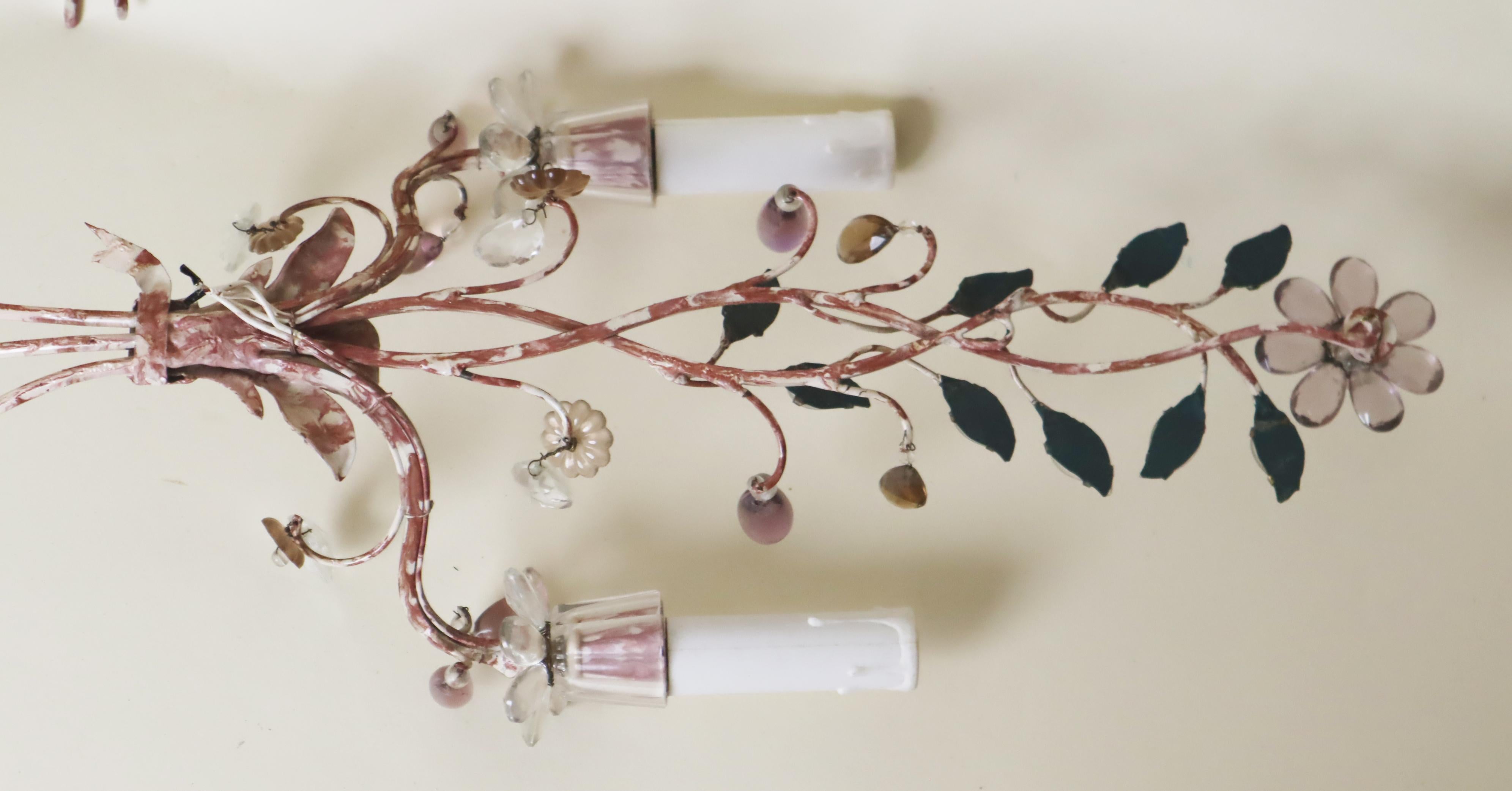 French Set Wall Lights Attributed Maison Baguès With Colored Fowers and Marbled Metal For Sale