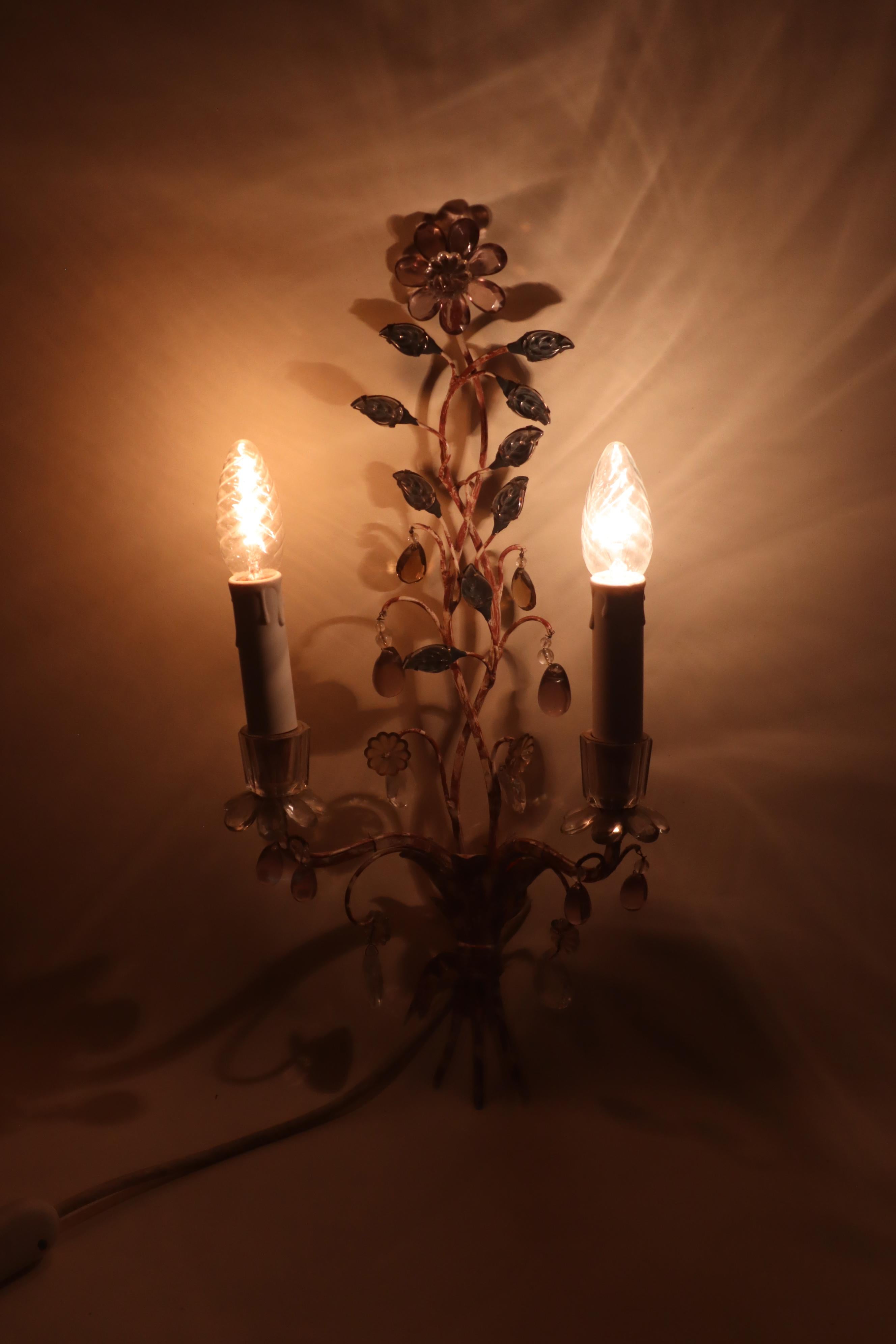 Hand-Crafted Set Wall Lights Attributed Maison Baguès With Colored Fowers and Marbled Metal For Sale