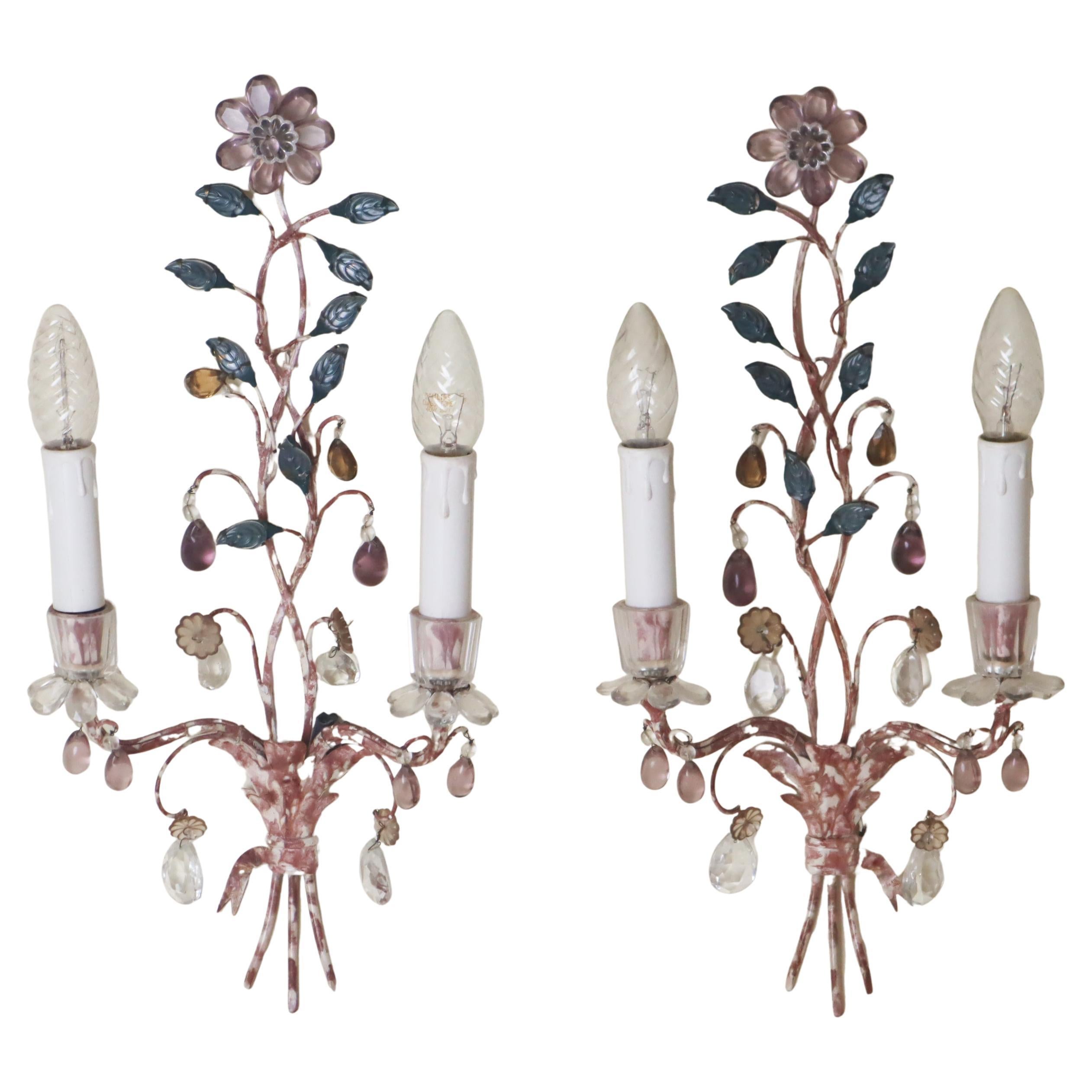 Set Wall Lights Attributed Maison Baguès With Colored Fowers and Marbled Metal For Sale