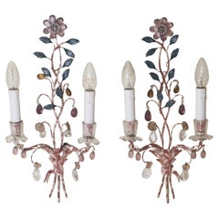 Set Wall Lights Attributed Maison Baguès With Colored Fowers and Marbled Metal