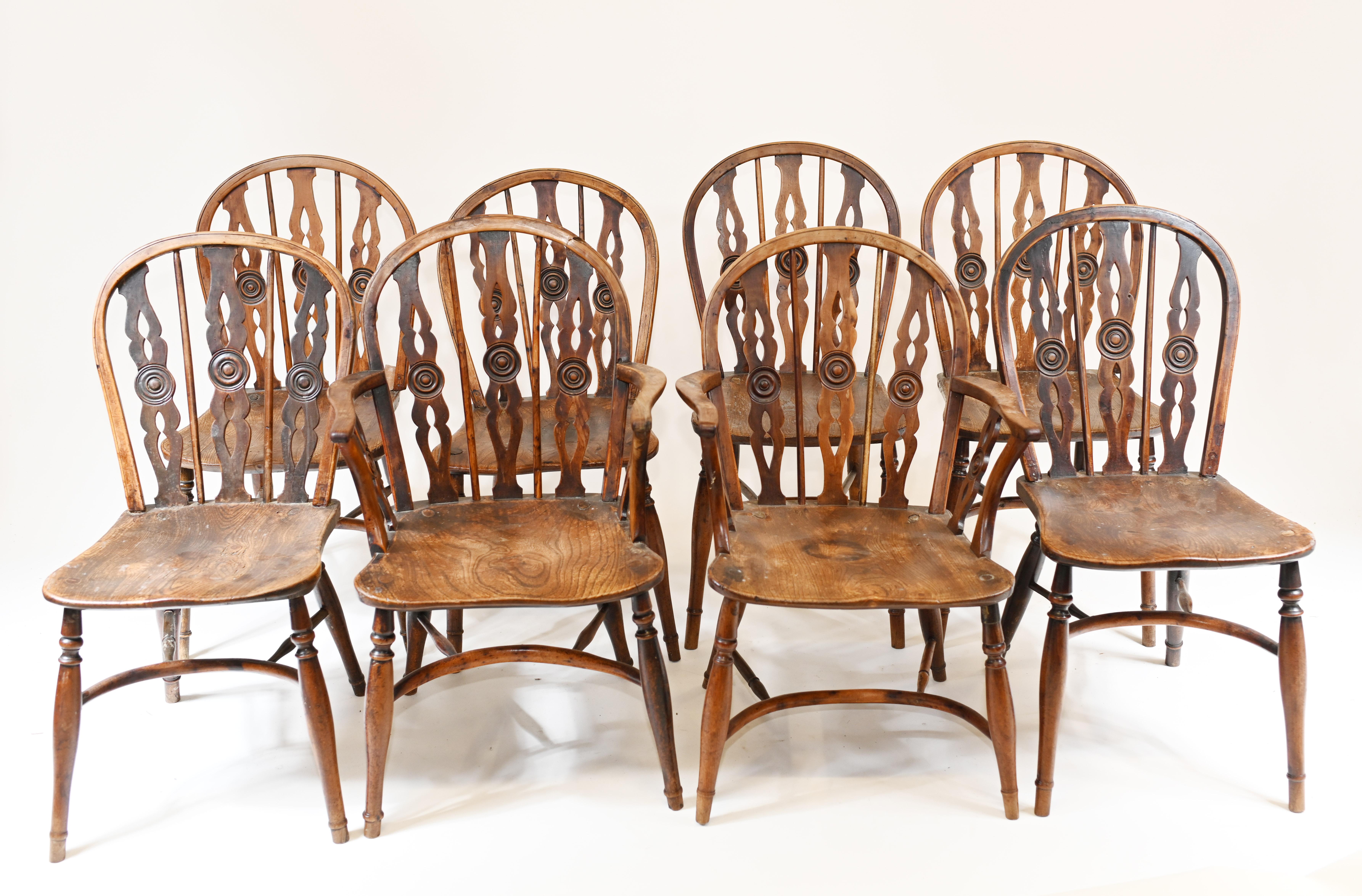 Set of 8 unique Windsor chairs in elm wood
The most striking thing about this set is the unusual carving to the back rest
Set consists of two arm chairs and six sides
Great set for the kitchen
Would look wonderful around some of our range of