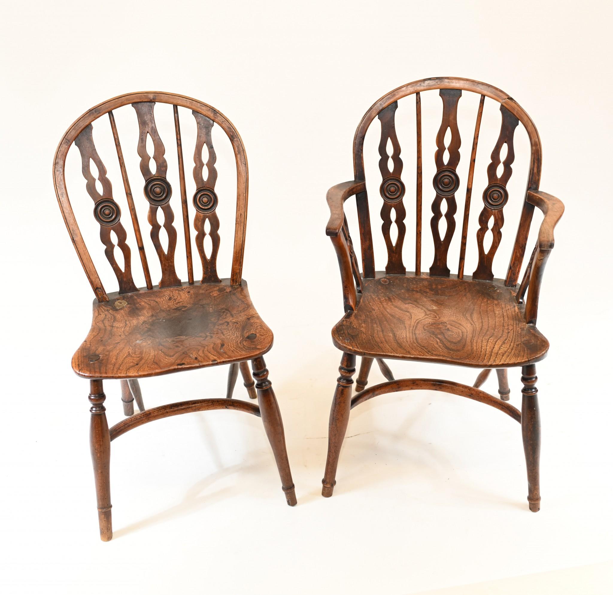 Set Windsor Dining Chairs Elm Wood Farmhouse Diners In Good Condition In Potters Bar, GB