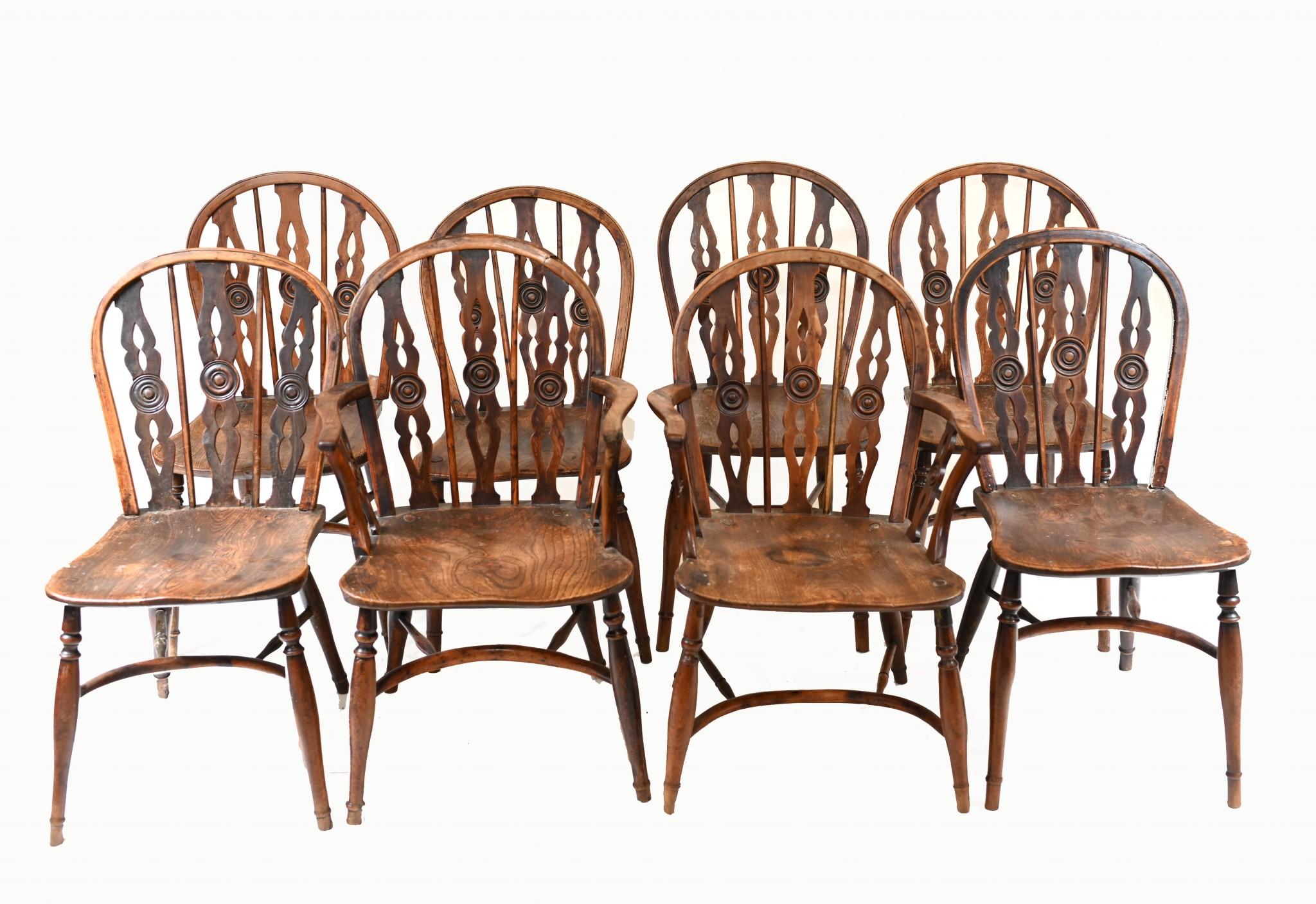 Late 20th Century Set Windsor Dining Chairs Elm Wood Farmhouse Diners