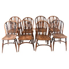 Vintage Set Windsor Dining Chairs Elm Wood Farmhouse Diners