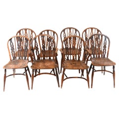 Vintage Set Windsor Dining Chairs Elm Wood Farmhouse Diners