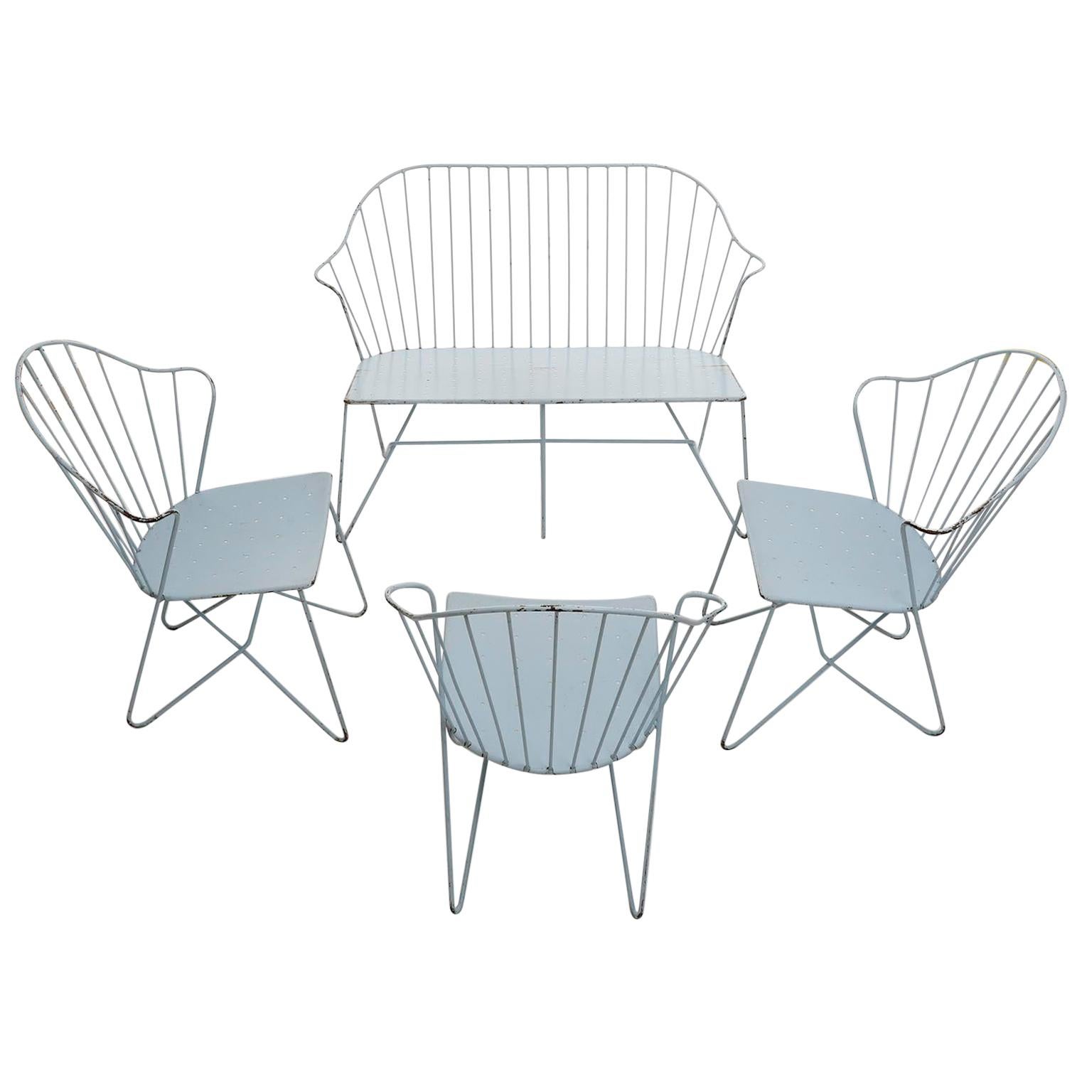 Set Wire Chairs Auersperg Bench Astoria Sonett, Karl Fostel, Blue Steel, 1950s For Sale