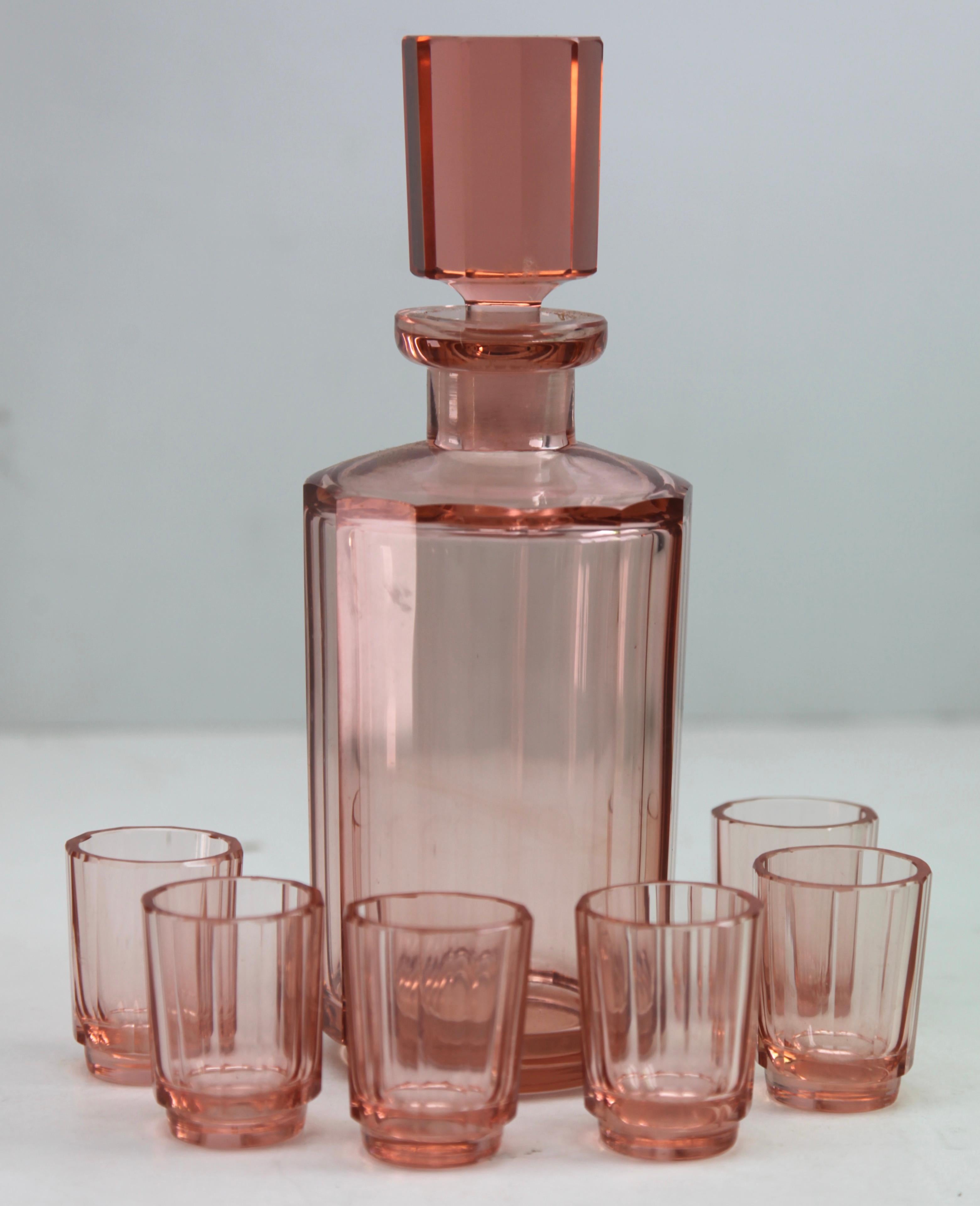 Hand-Crafted Set with Crystal Decanter and Shot Glasses and Serving Tray with Mirror