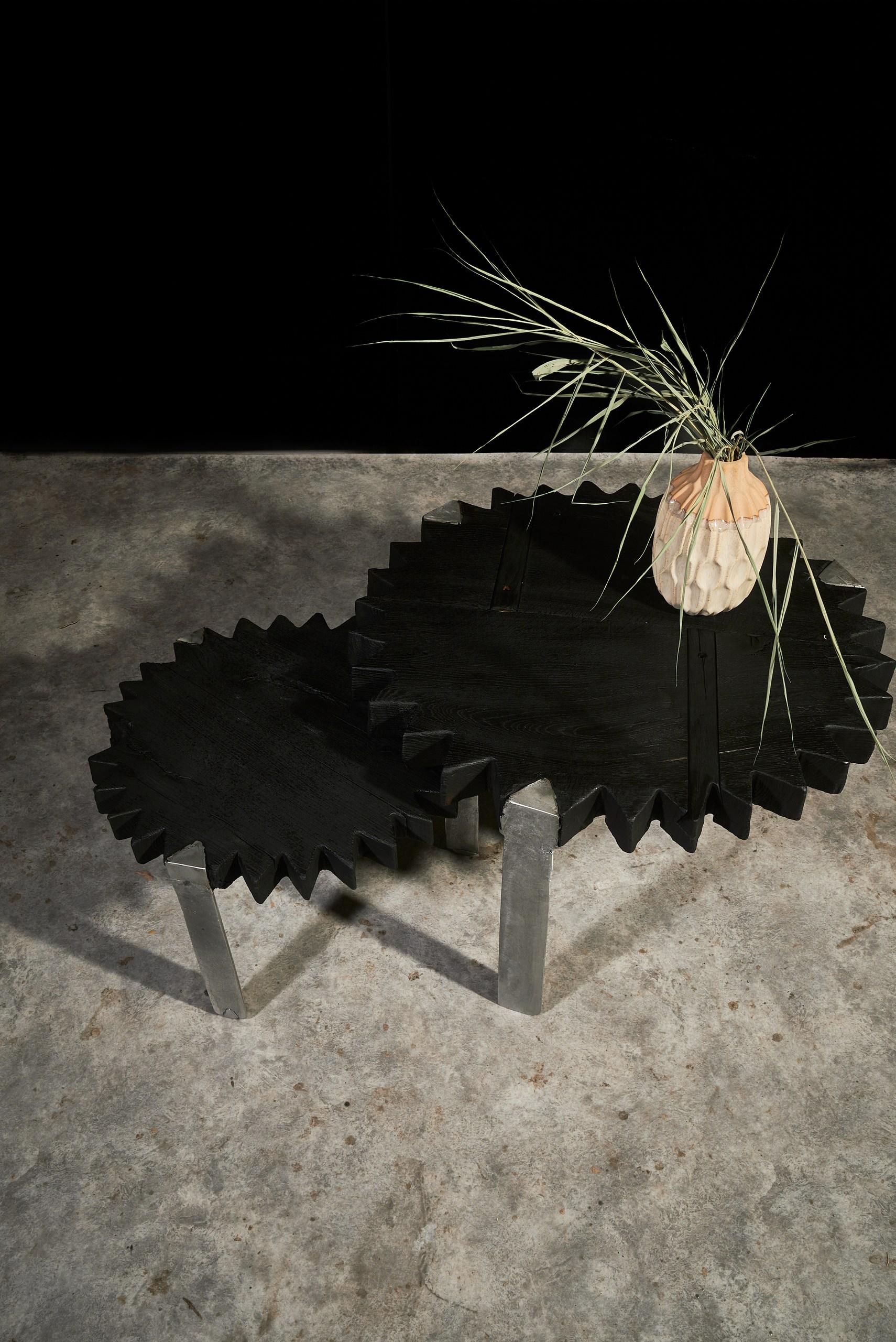 Moldovan Sculptural Coffee Table Set in Charred Wood and Raw Aluminum by Sergio Vulpe For Sale