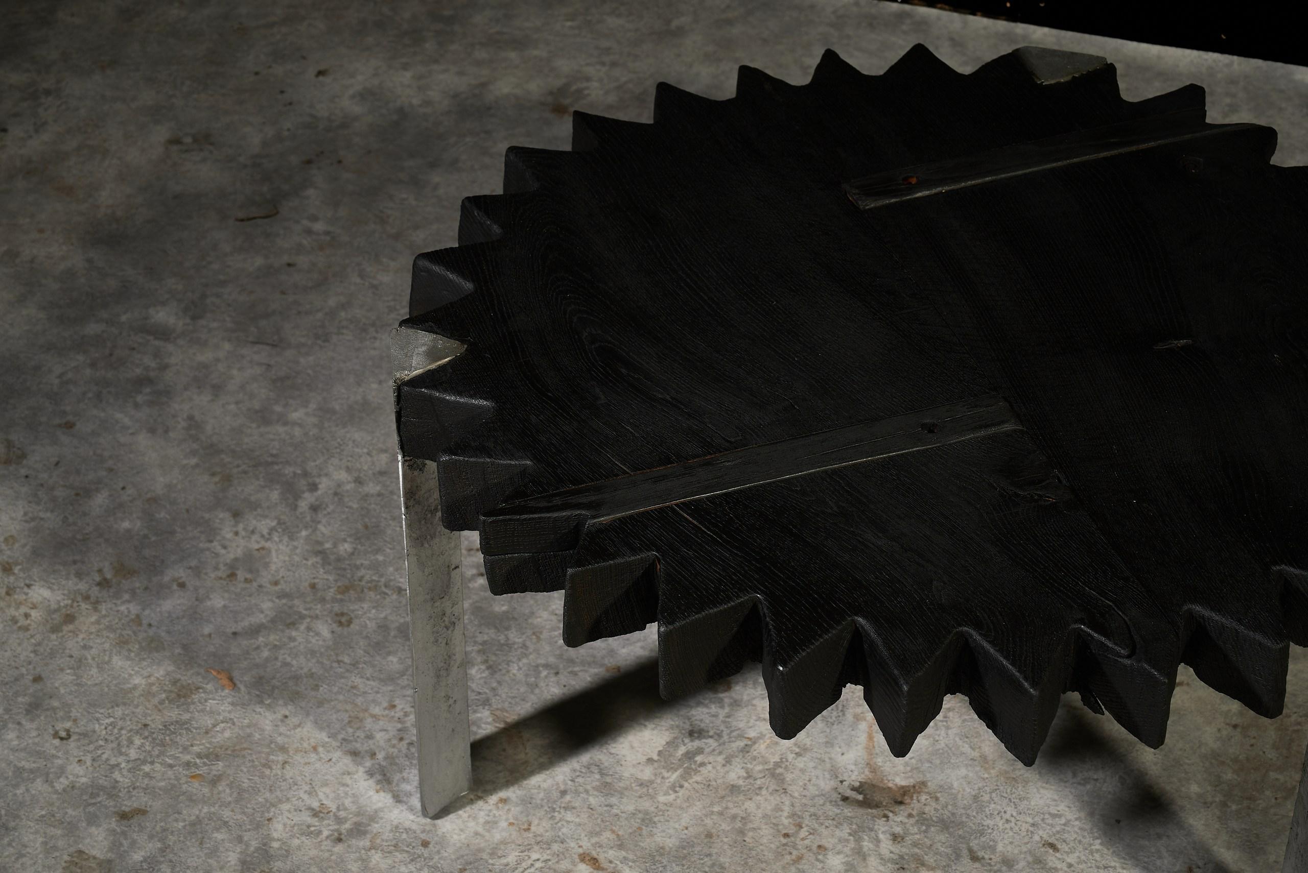 Brutalist Sculptural Coffee Table Set in Charred Wood and Raw Aluminum by Sergio Vulpe For Sale
