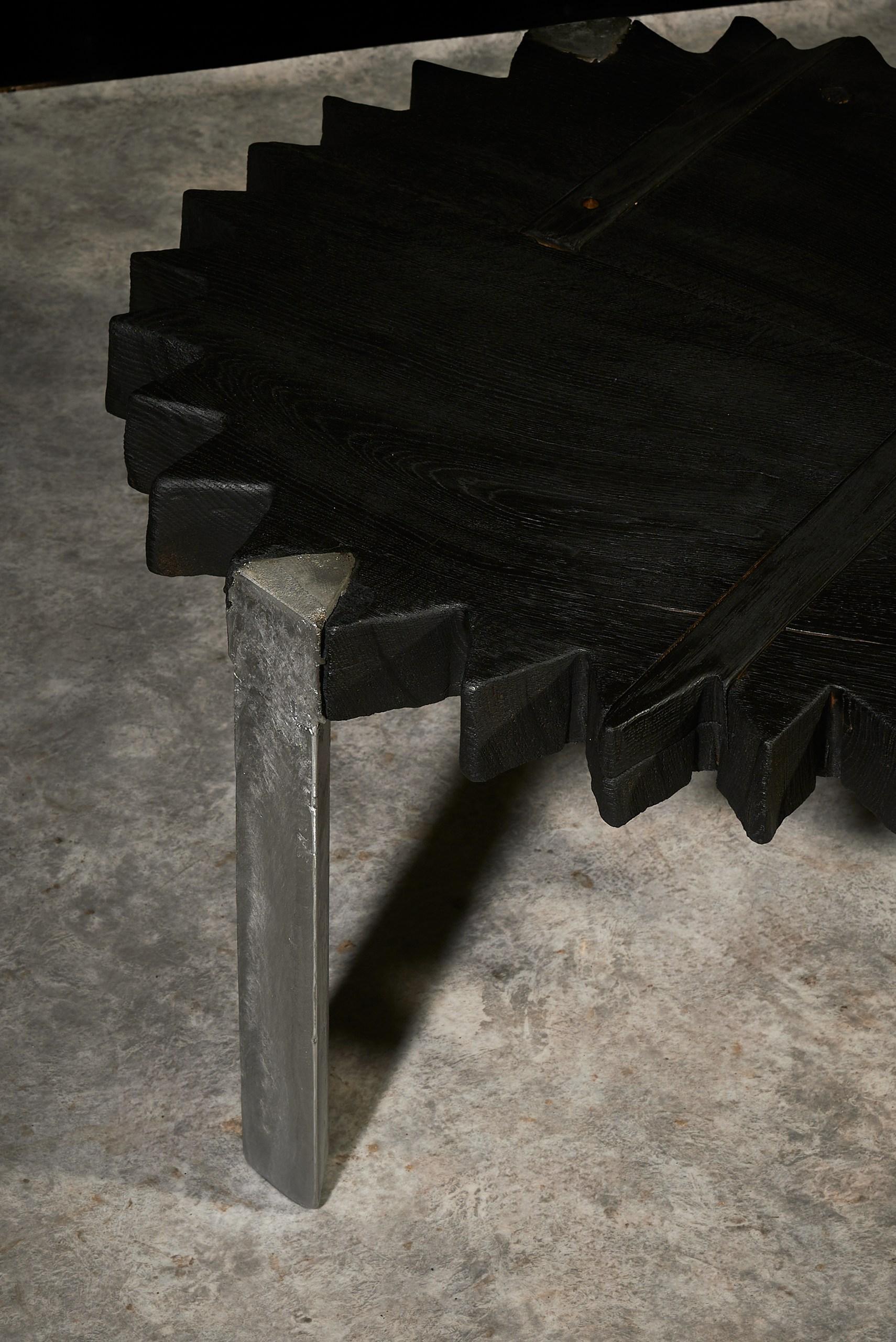 Hand-Carved Sculptural Coffee Table Set in Charred Wood and Raw Aluminum by Sergio Vulpe For Sale