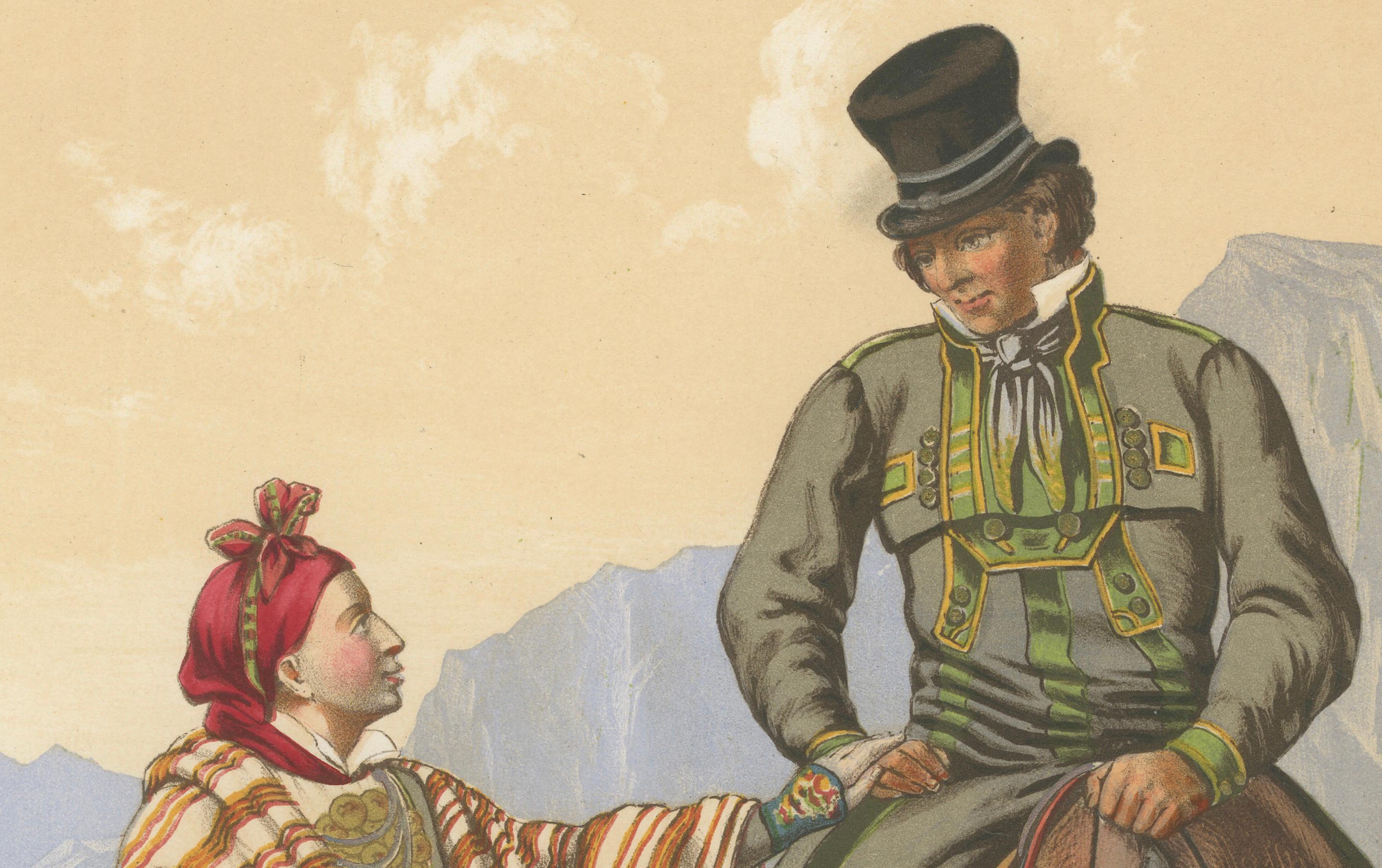 Setesdal Traditional Dress – Daily Wear from Norway, Antique Lithograph, c.1860 in vendita 4