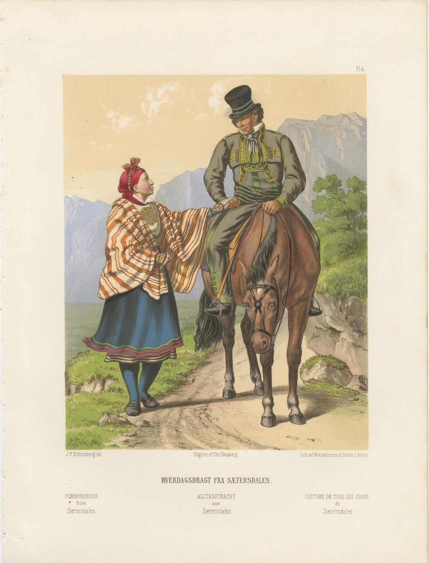 Setesdal Traditional Dress – Daily Wear from Norway, Antique Lithograph, c.1860 in vendita 7