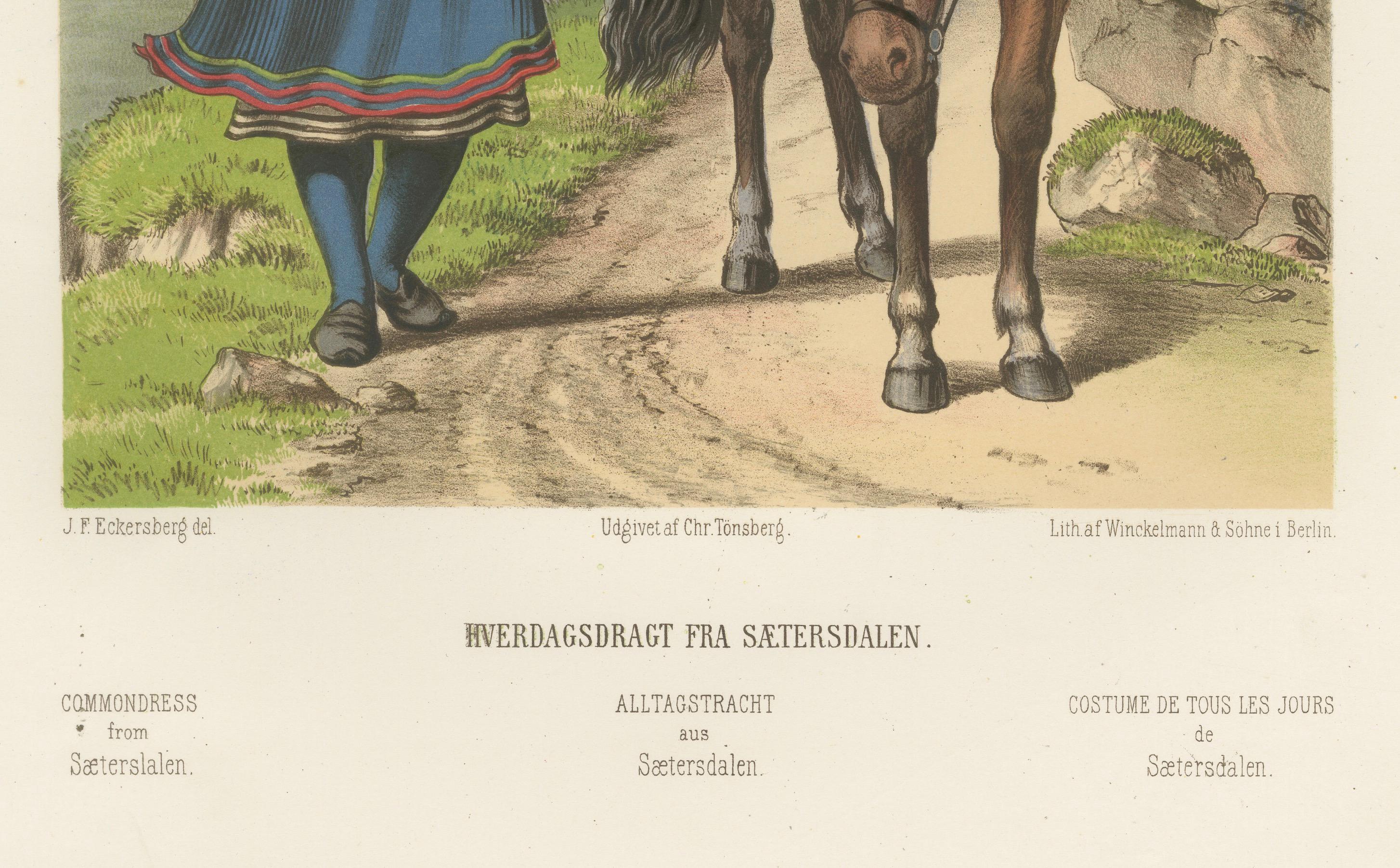 Norwegian Everyday Dress from Saetersdalen – Tonsberg Edition, 1860s

This detailed 19th-century chromolithograph presents a man and woman in everyday attire from Saetersdalen (modern Setesdal), a region in southern Norway known for preserving its