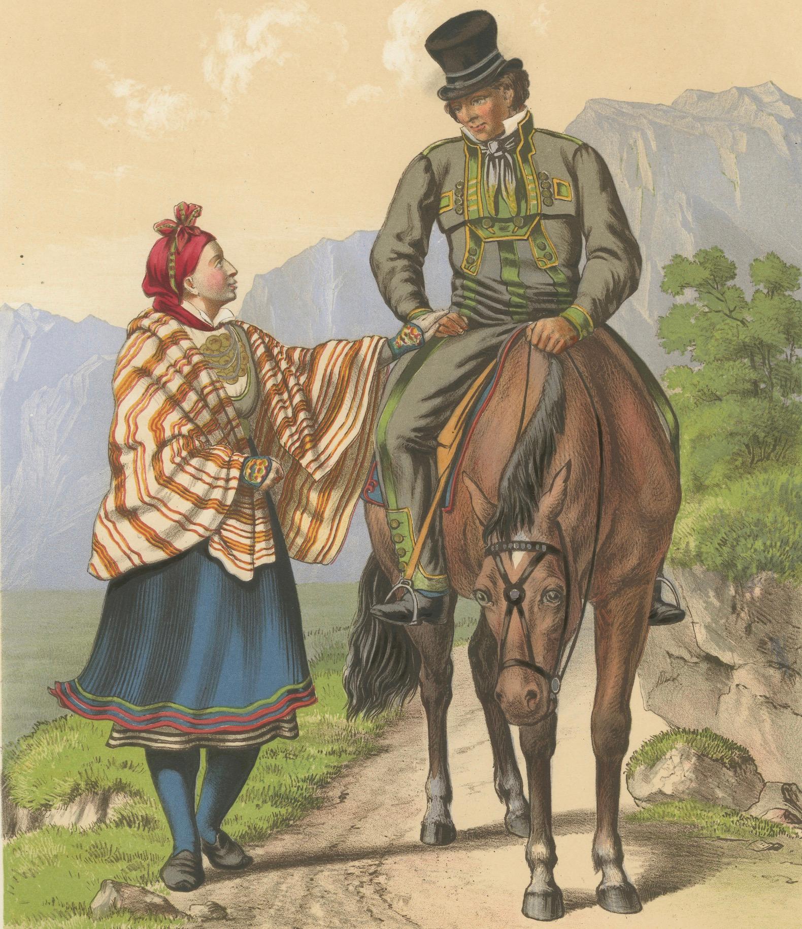 Metà XIX secolo Setesdal Traditional Dress – Daily Wear from Norway, Antique Lithograph, c.1860 in vendita