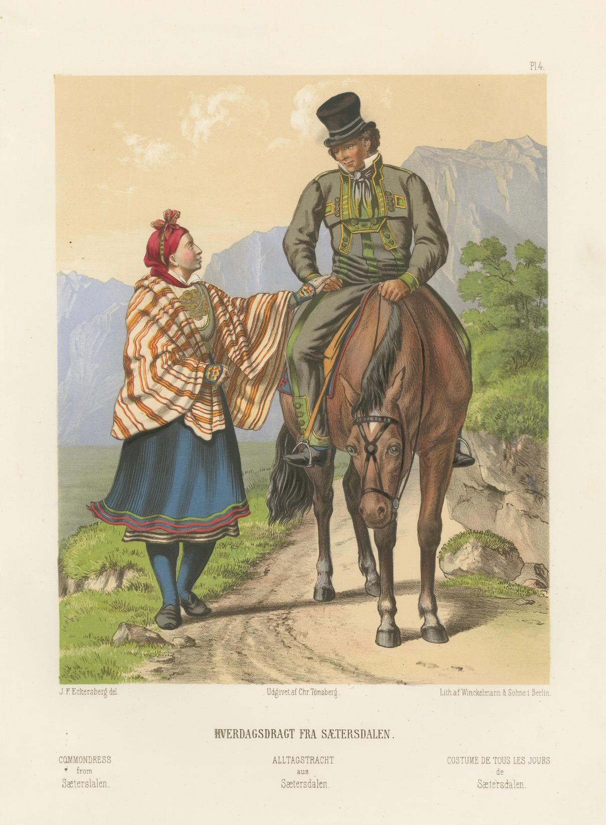 Carta Setesdal Traditional Dress – Daily Wear from Norway, Antique Lithograph, c.1860 in vendita