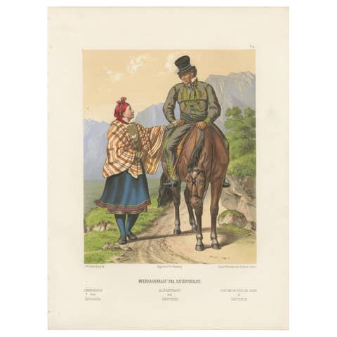 Setesdal Traditional Dress – Daily Wear from Norway, Antique Lithograph, c.1860