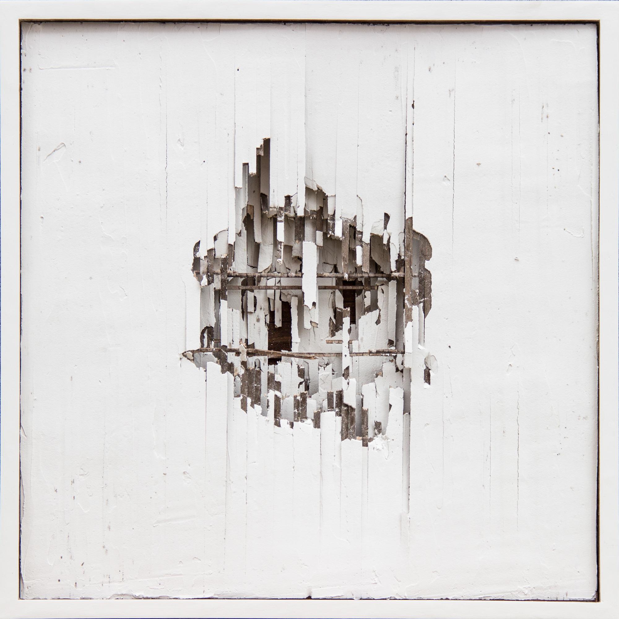 "Lath Study II", deteriorating architecture, framed wall-hanging white sculpture - Mixed Media Art by Seth Clark