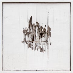 "Lath Study II", deteriorating architecture, framed wall-hanging white sculpture