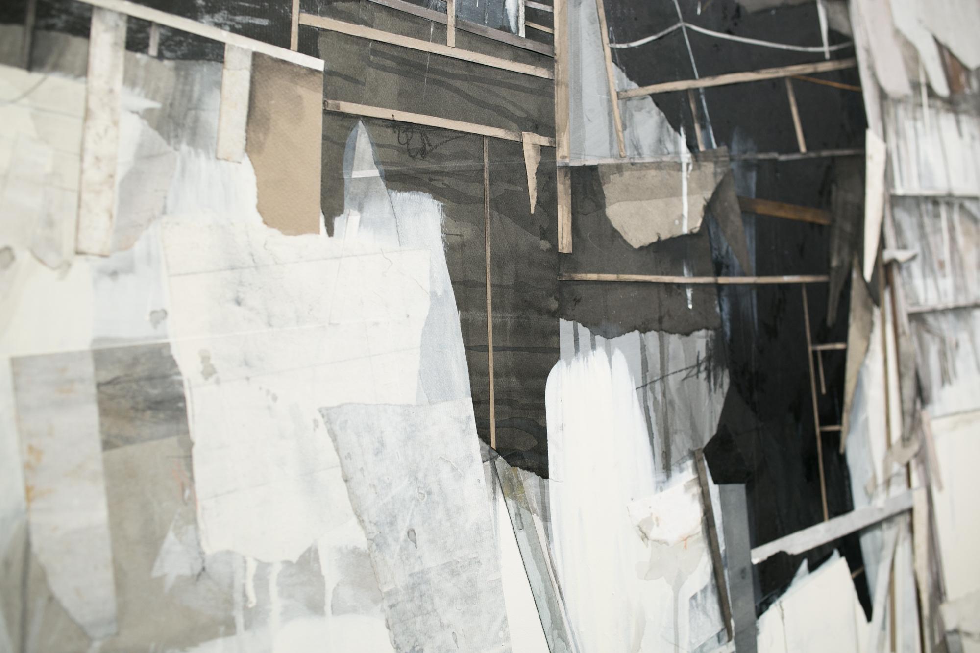 This is an original paper, charcoal, pastel, graphite, and acrylic on wood panel artwork by Seth Clark measuring 48”h x 72”w. 

About the Collection // Continuing the artist's ongoing exploration of abandoned, deteriorating architecture, Clark's