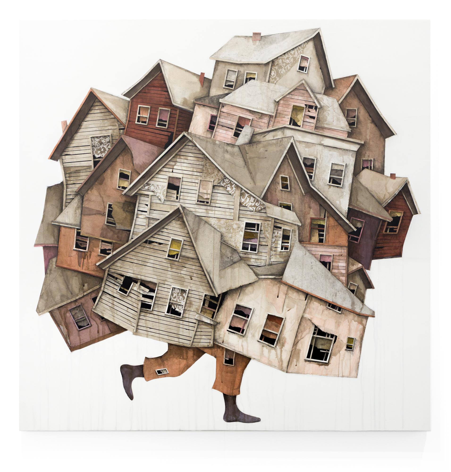 Seth Clark Figurative Art - "Wanderer 15" Layered Ink Wash, Charcoal and Paper Collage with Acrylic on Panel